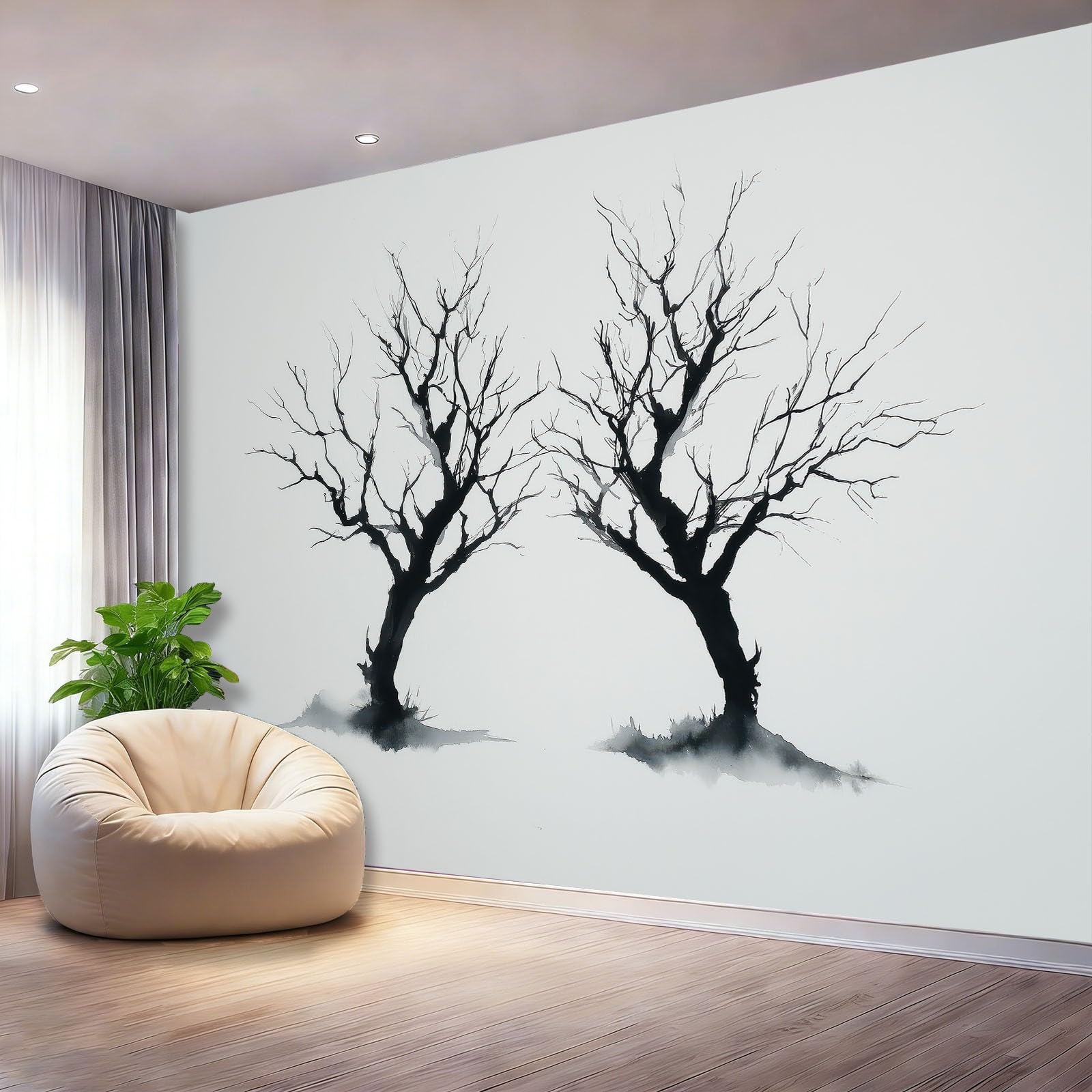Mural ścienny, tapeta, obraz atramentowy, zwiędłe gałęzie drzew, czarny motyw, fototapeta, włóknina, fototapeta, plakat do salonu, sypialni, korytarza, TV, tło, dekoracja ścienna, murale, 300 x 210 cm