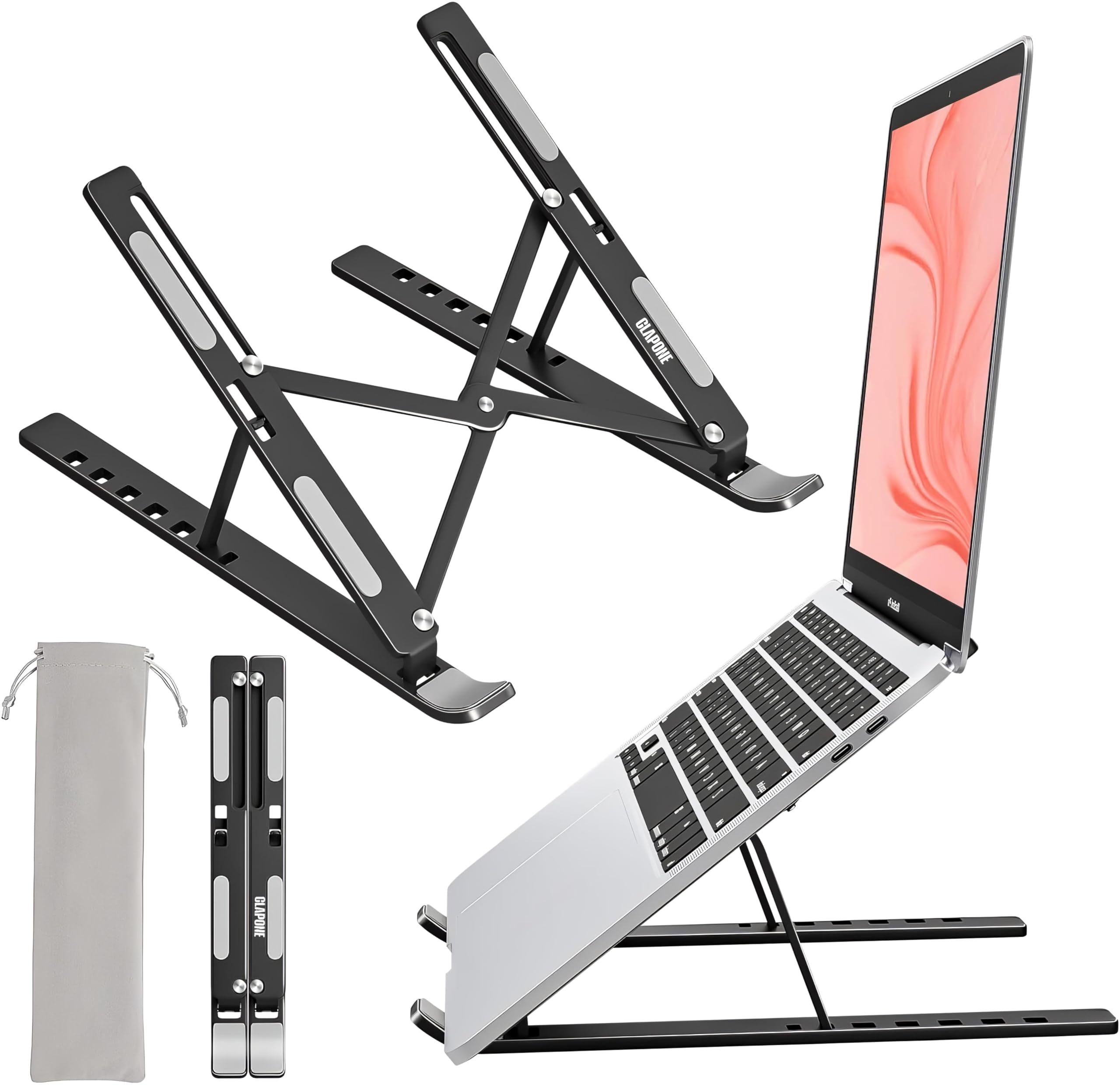 CLAPONE Premium Metal Laptop Stand Foldable, Aluminum Note Book Stand Portable Any Laptop Stand Adjustable Height/OverHeating Protection Laptops/MacBooks/Table and Many More (Metallic Black, MLS002)