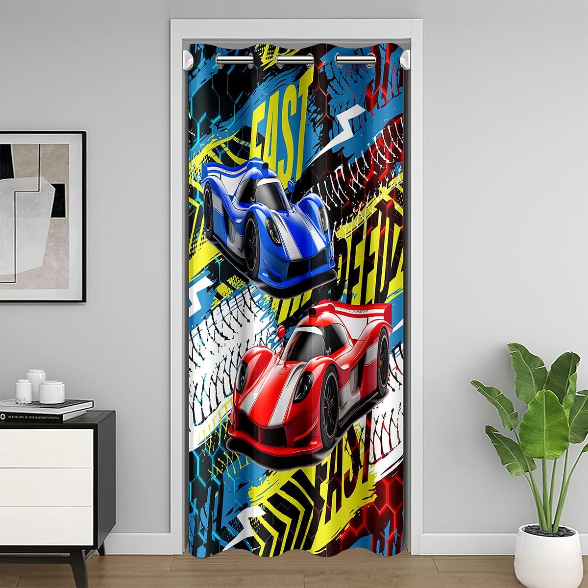 Racing Car Doorway Curtain Privacy 132x203cm Kids Race Car Sports Car 30%-50% Room Darkening Blackout Curtain Speed Sports Car Door Cover Curtain Extreme Sports Window Treatments Room Decor