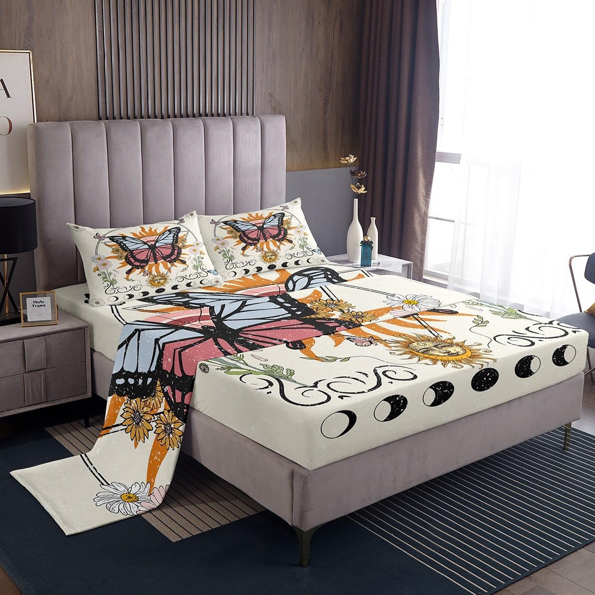 Erosebridal Hippie Butterfly Bed Sheets Set Sun and Moon Bed Set, Tribal Moon Phase Sheet Set Queen Wild Animal Sheets Triangle Top Sheet Vintage Grunge Room Decor