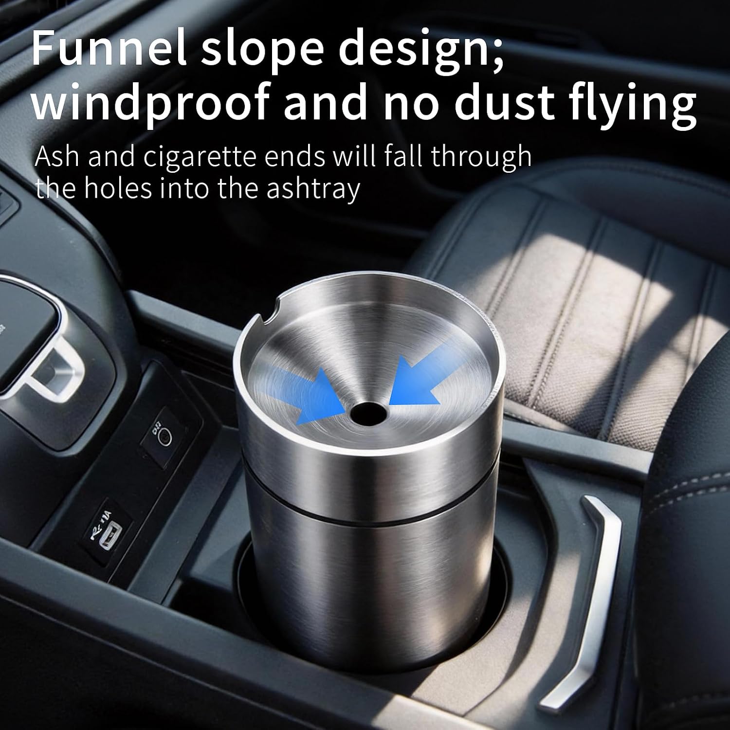 Stainless Steel Auto Ashtrays with Lid Car Ashtray Smell Proof Portable Smokeless Detachable Windproof Extinguished Butt Bucket Ash Tray for Car Cup Holder (Silver)