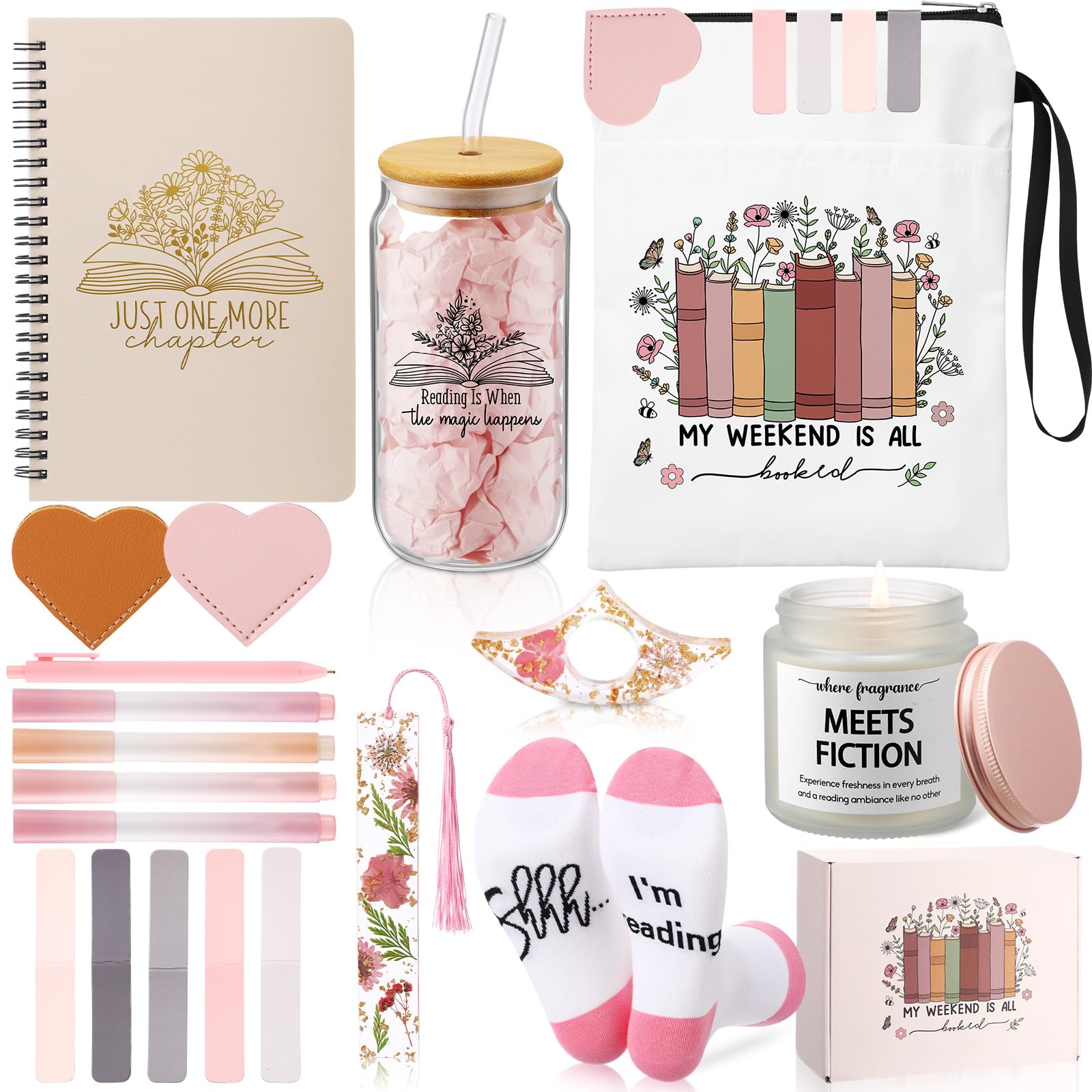 11 pezzi Regali per gli amanti dei libri per le donne Book Club Accessori regalo Tazza di Vetro Tazza Notebook Penne Candela Calzini Segnalibri per Natale Compleanno Lettori Bookish Bookworms