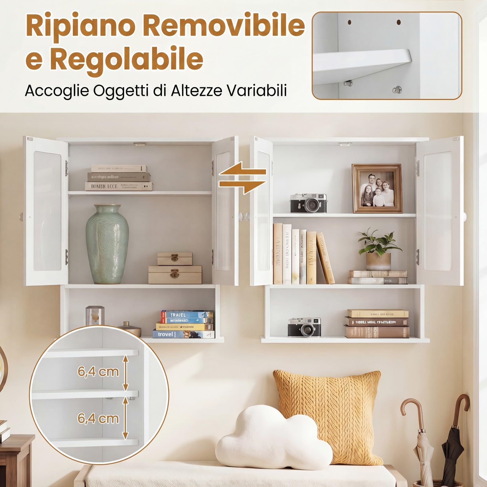 COSTWAY Armadietto Bagno a Specchio da Parete, 56 x 13 x 58 cm (Bianco) | Specchiera con 2 Ante, Ripiano Aperto e 2 Scomparti, Mobile da Bagno Salvaspazio per Soggiorno e Camera da Letto