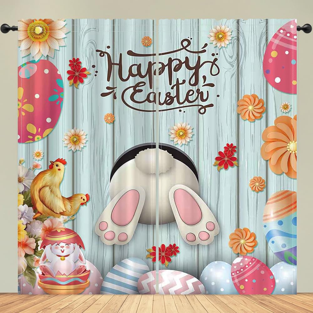 DOTOOMA 82 x 84 Inches Blue Plank Jumping Bunny Happy Easter Window Curtain Turkey Daisy Sunflower Flower Print Easter Egg Holiday Decoration Cartoon Indoor Window Decor Supplies Drapes 2 Panel