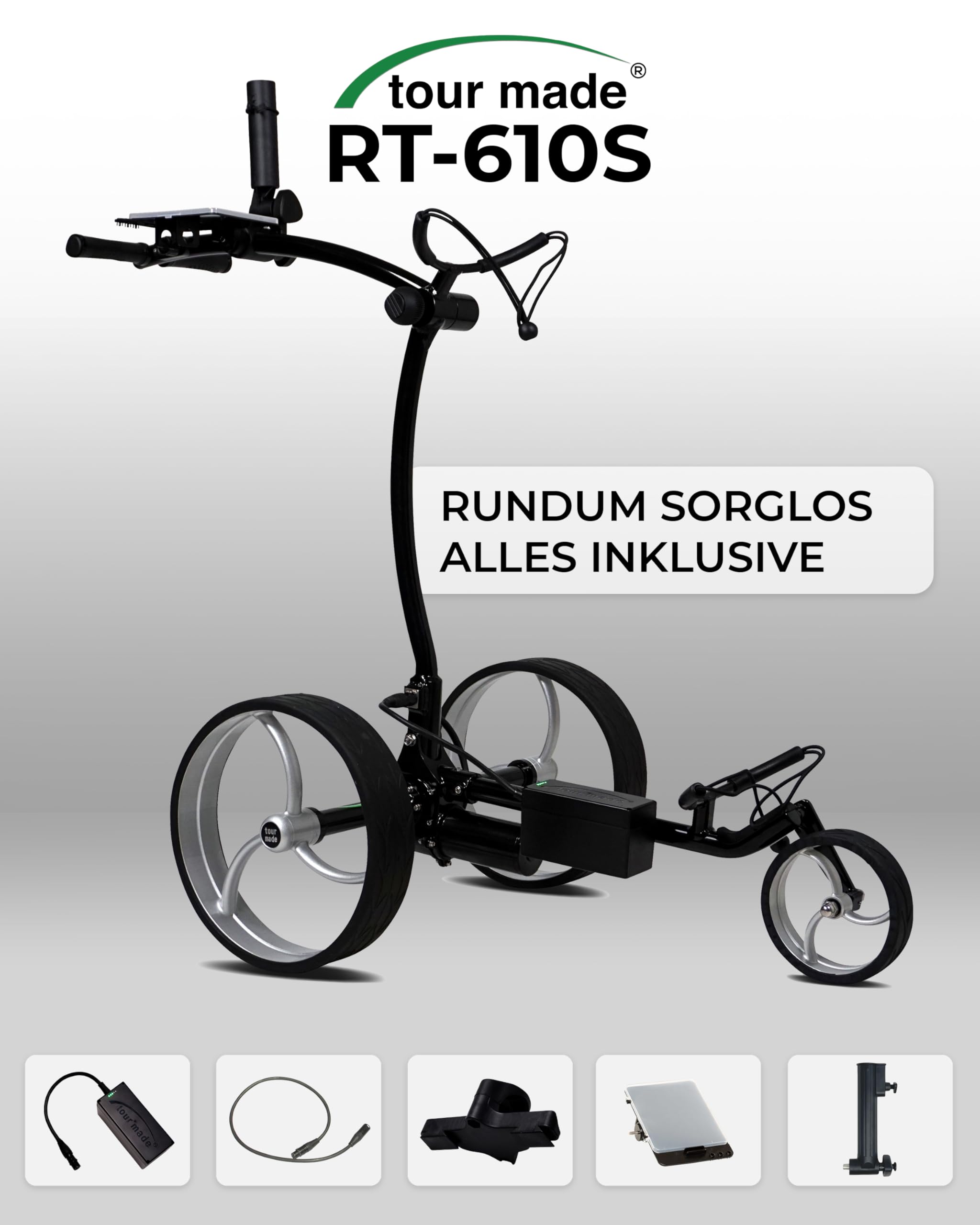 tour made RT-610S Golftrolley Elektrisch I Bergabfahrbremse I viel Zubehör | Lithiumakku 27-36 Loch I Premium Golf Trolley Elektro I robust & schnell verstaut I Deutsche Markenqualität