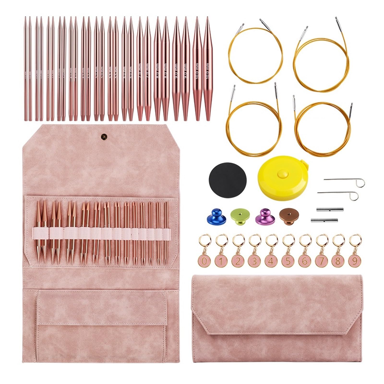 Juego de agujas de tejer circulares de aluminio intercambiables, agujas de ganchillo circulares, juego de herramientas de hilo para tejer, kit de accesorios para tejer (rosa claro)