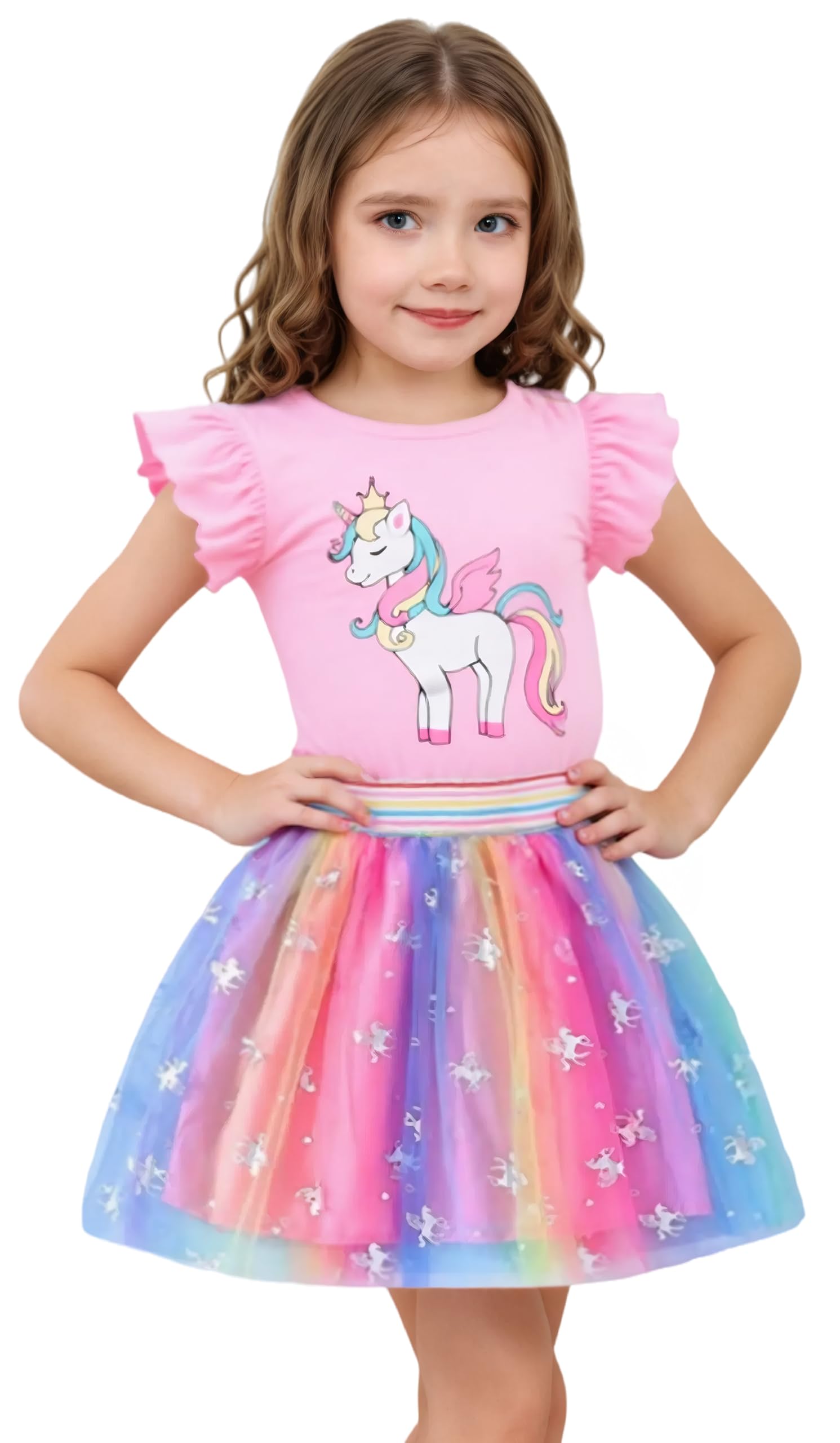 Girls Tulle Skirt Set Two Piece Ruffle Sleeve Unicorn T-Shirt Tutu Dress Summer Birthday Party Outfit 2-10 Years