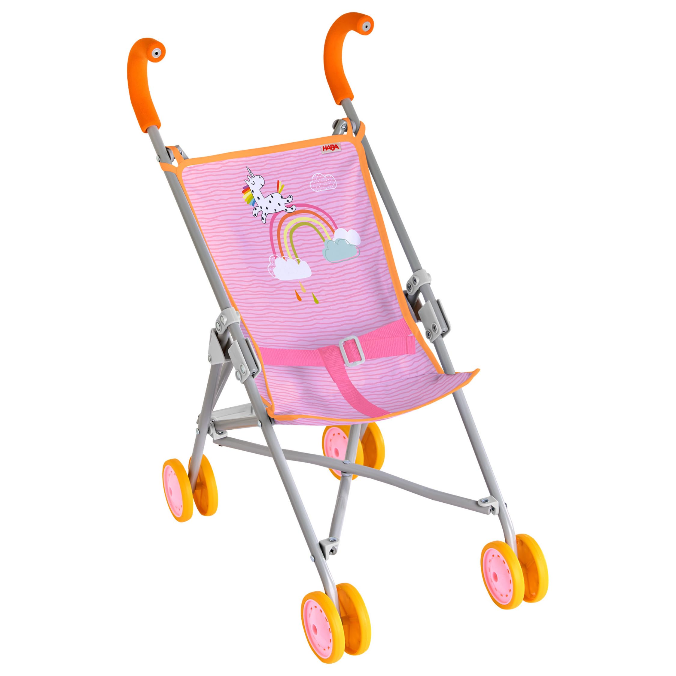 HABA Puppenbuggy Regenbogen – faltbar mit gepolsterten Griffen und Doppelrädern – für Puppen bis 45 cm – Puppenwagen für Kinder ab 2 & 3 Jahren – 2013338001