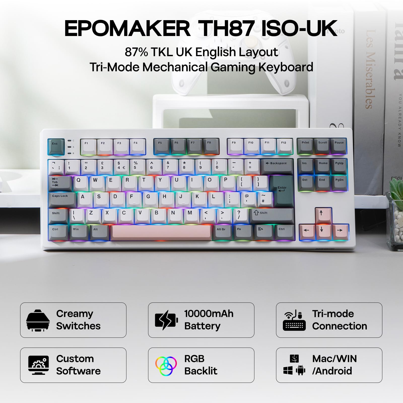 EPOMAKER TH87 Wireless Mechanical Keyboard with 10000mAh Battery, BT/2.4GHz/Wired, Hot Swap, PBT Keycap, RGB Backlit, TKL Gaming Keyboard, UK ISO Layout (White, Creamy Jade) — view 2
