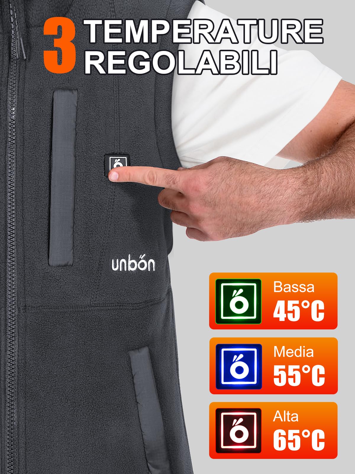 UNBON Gilet Riscaldato Uomo con Batteria USB 10000mAh, Giubbotto Riscaldato Uomo con 3 Temperatura 6 Zone di Calore, Gilet Riscaldante Pile Elettrico, Giacca Riscaldata per Moto Caccia