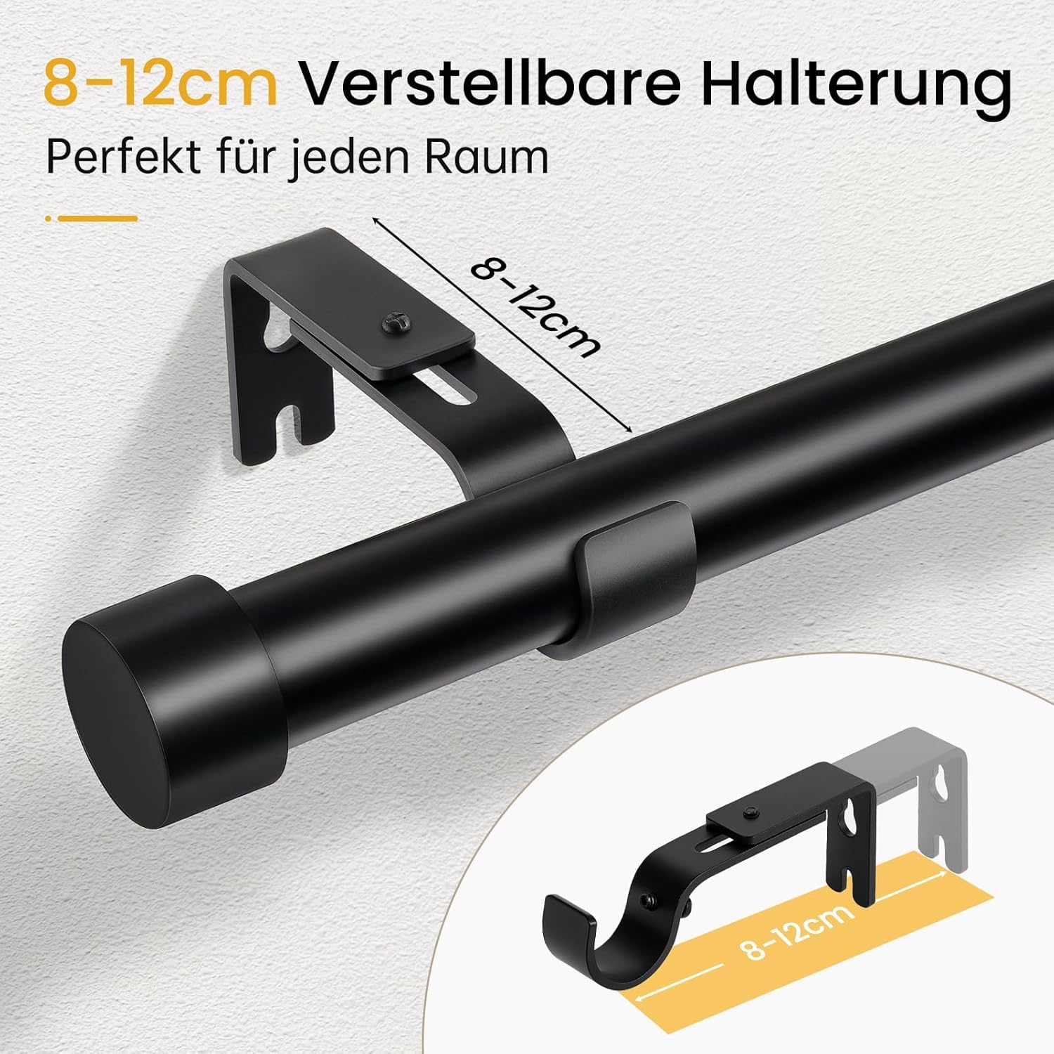Gardinenstange Schwarz, 80-367cm Vorhangstange Ø25 mm | Belastbar bis 5 kg. Inkl. Halterung für Wand- & Deckenmontage. Ideal für Wohnzimmer, Schlafzimmer, Küche & Balkon
