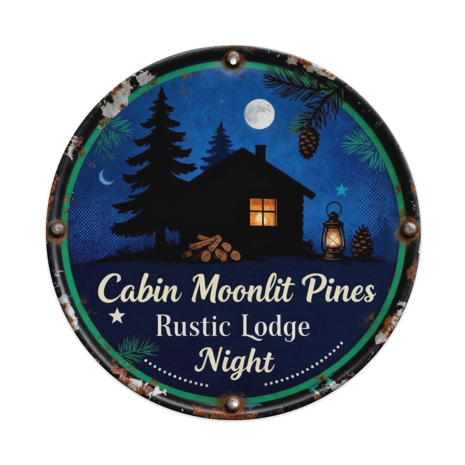 Cabin Moonlit Pines Metal Tin Sign Plaque