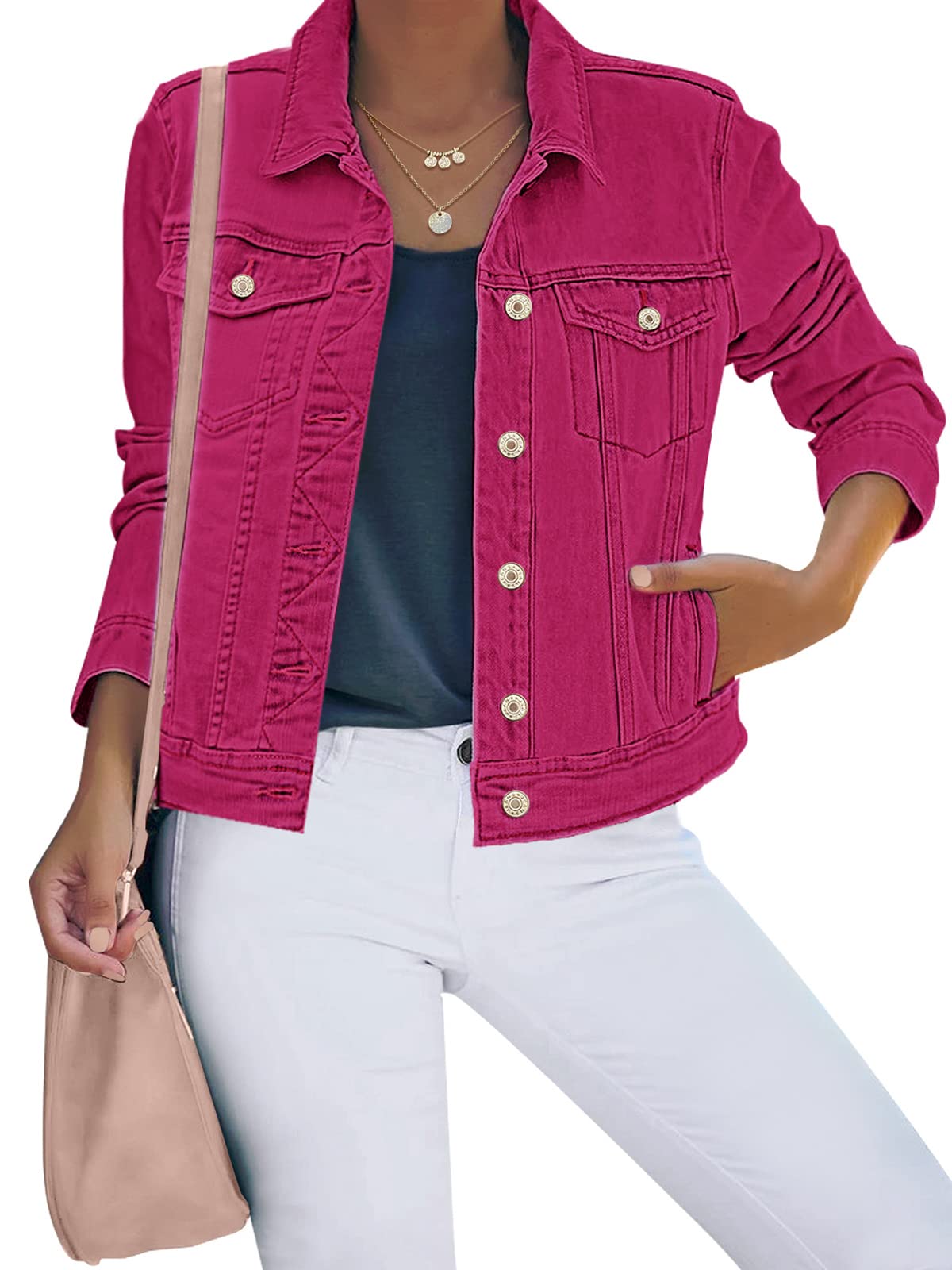 luvamia Women's Basic Button Down Stretch Fitted Long Sleeves Denim Jean Jacket