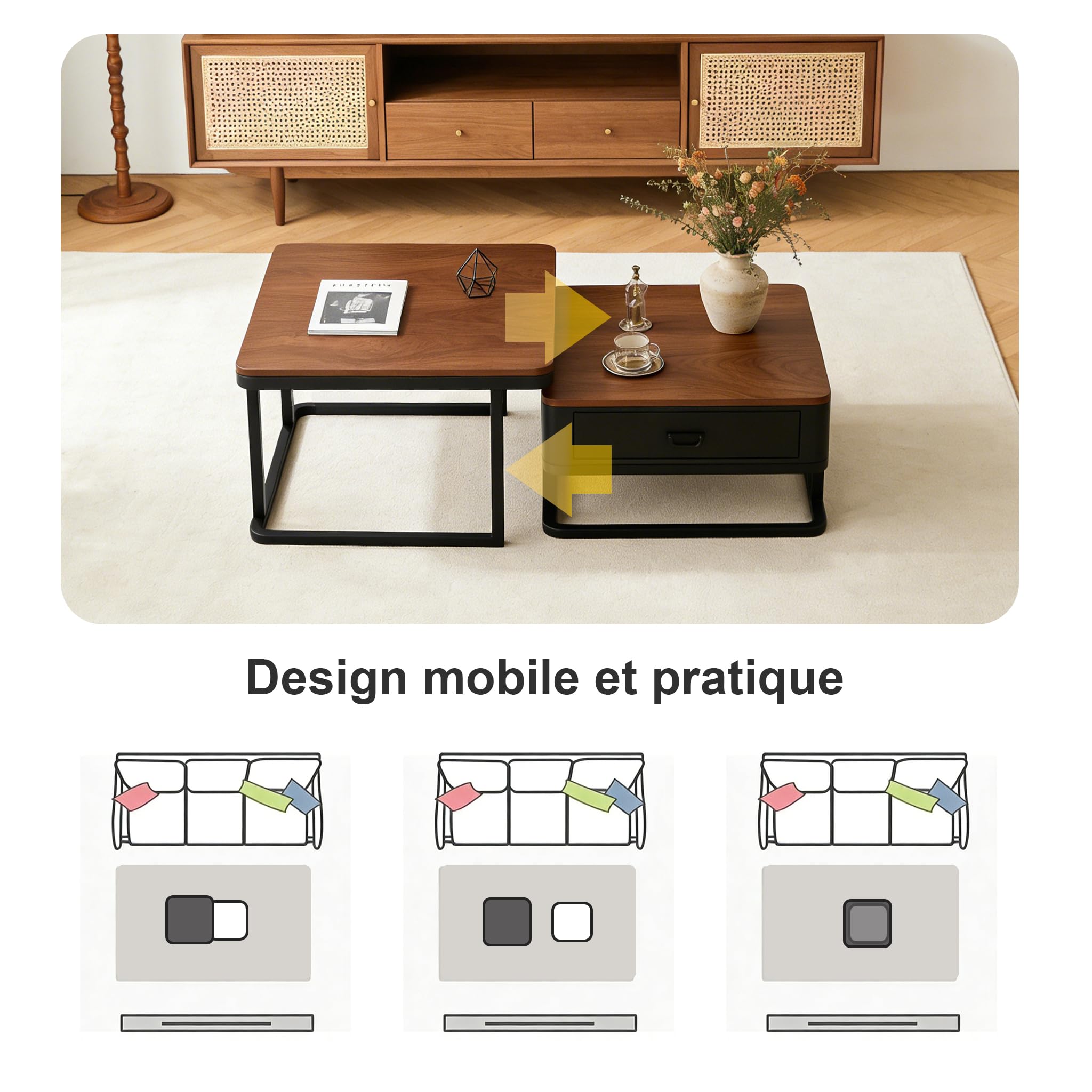 Générique Lot de 2 Tables Basses, Moderne Table Basse Salon Extensible, Noyer Coffee Table with Storage, Metal Frame, pour Salon, Chambre à Coucher, Noyer