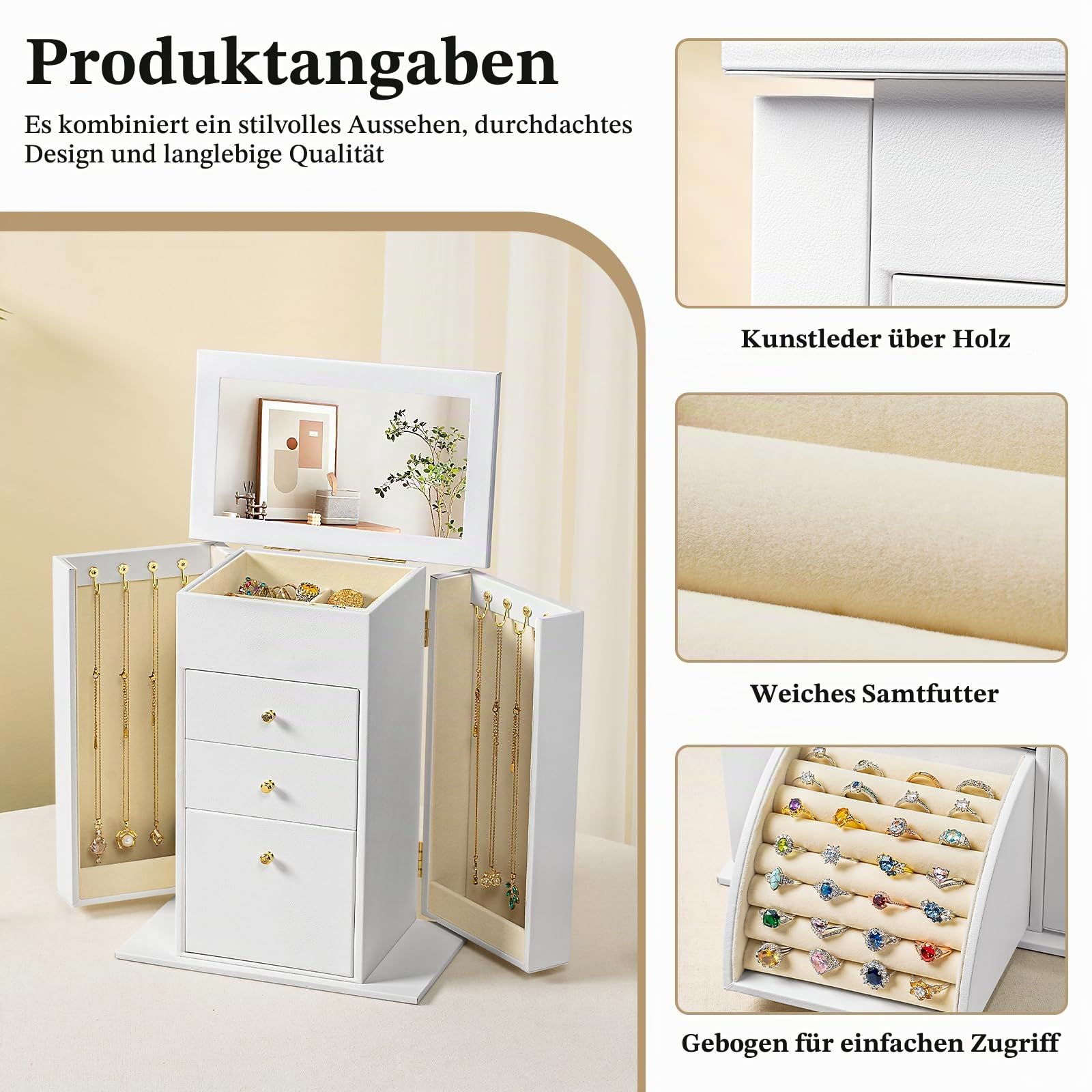 Schmuckkästchen, Schmuckaufbewahrung, Leder Groß Schmuckkasten Organizer mit Spiegel, 4 Ebenen Schmuckbox für Ringe, Ohrringe, Halsketten, Armbänder (Weiß)