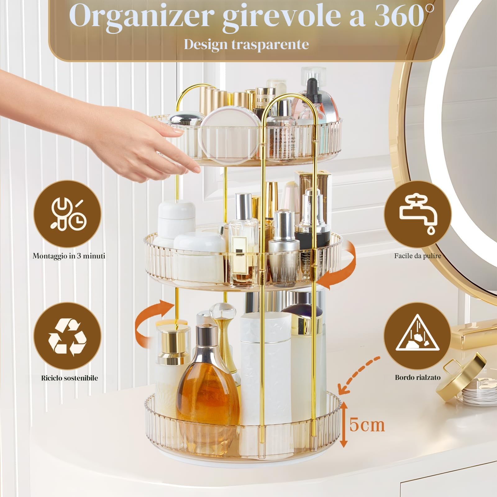 Boxalls Organizer Trucchi Girevole, Porta Trucchi Organizzatore 360° Grande Capacità, Organizer Trucco Bagno, Contenitore Contenitori Trucchi da Tavolo Espositore Creme (3 Ripiani, Ambra)