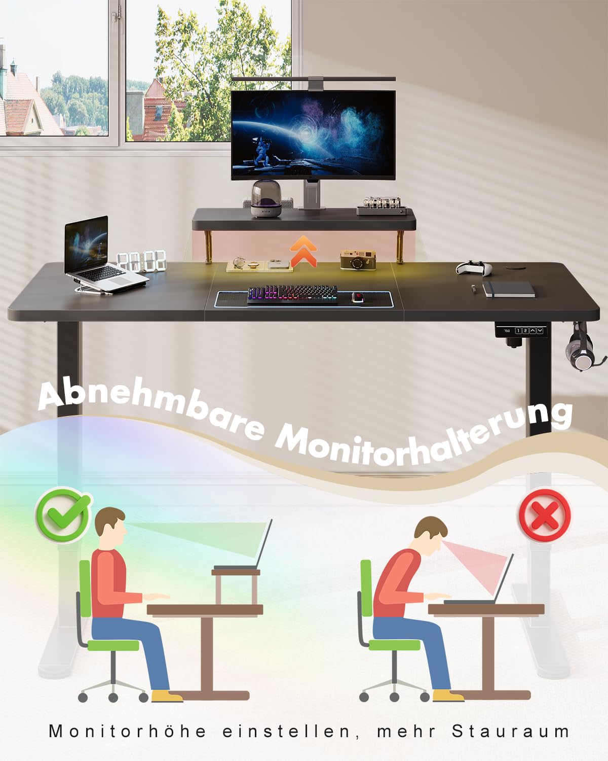 Airfish Höhenverstellbarer Schreibtisch 160 x 70cm mit Monitorständer | Schreibtisch Elektrisch mit LED Beleuchtung,Computertisch für Home Office und Gaming,Schwarz