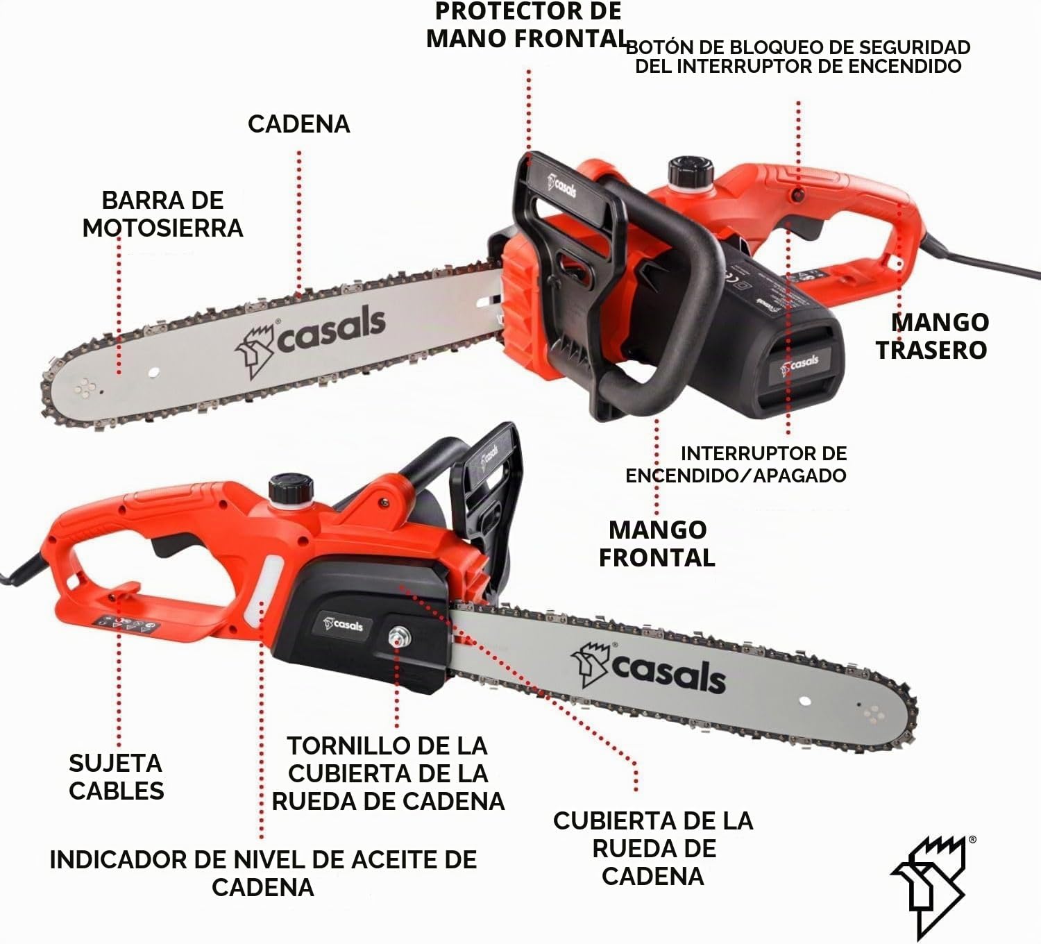 Casals - Motosierra Eléctrica Casals | 1400W Potencia | Corte Preciso de 35,5 cm | 6500 RPM | Ideal para Jardinería y Madera