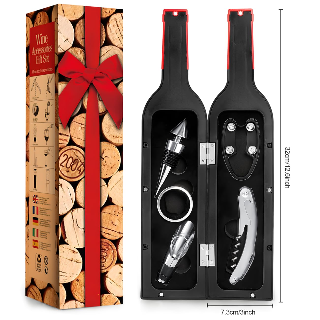 Set di Accessori da Vino a Forma di Bottiglia di Vino, Set di cavatappi, Set Regalo di Accessori per Il Vino, Set di apribottiglie, Set di Sommelier del Vino con apribottiglie (Red bottle001)