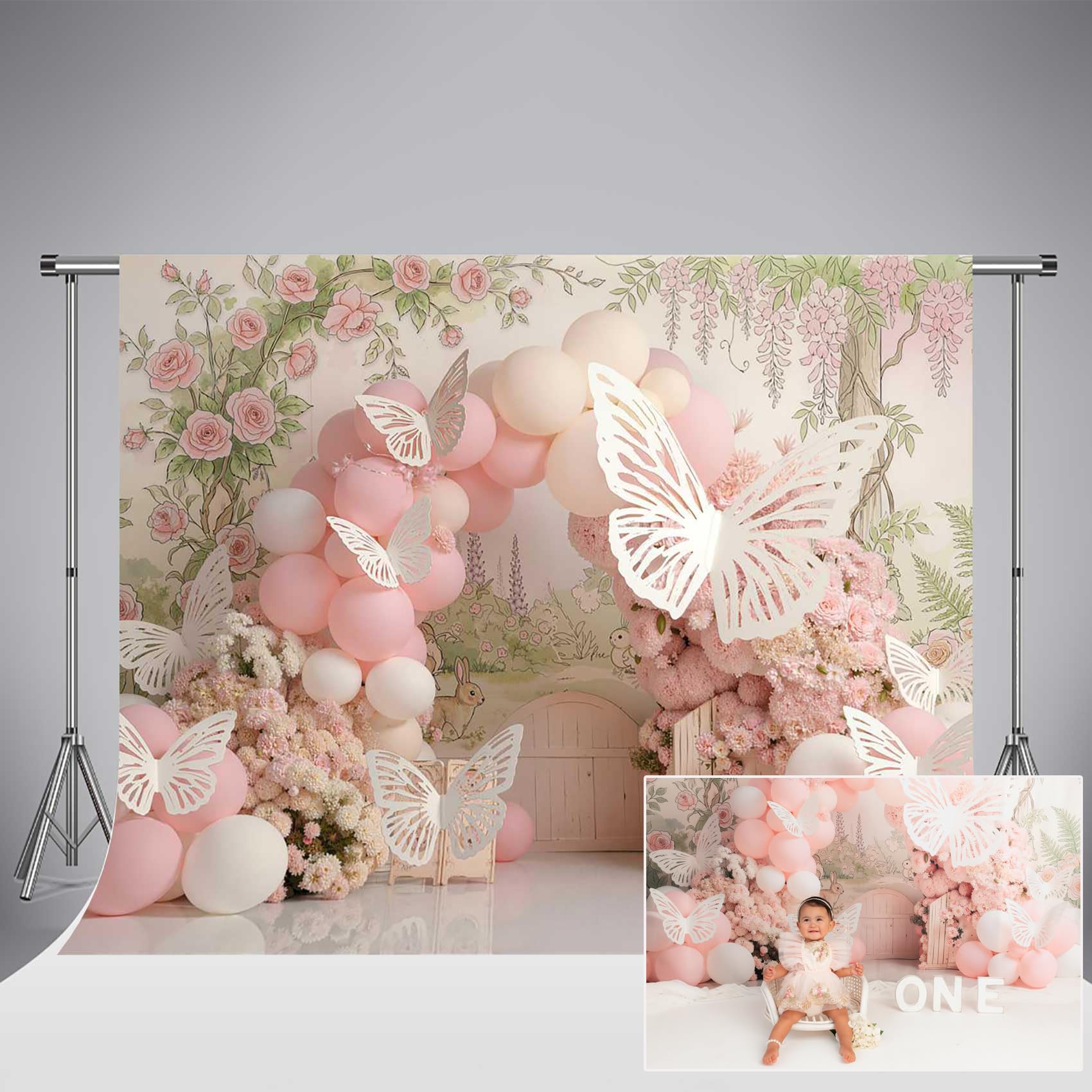 Sfondo fotografico con palloncini floreali e farfalle Kate 10x6.5ft/3x2m con rose rosa ideale per baby shower compleanni e servizi fotografici