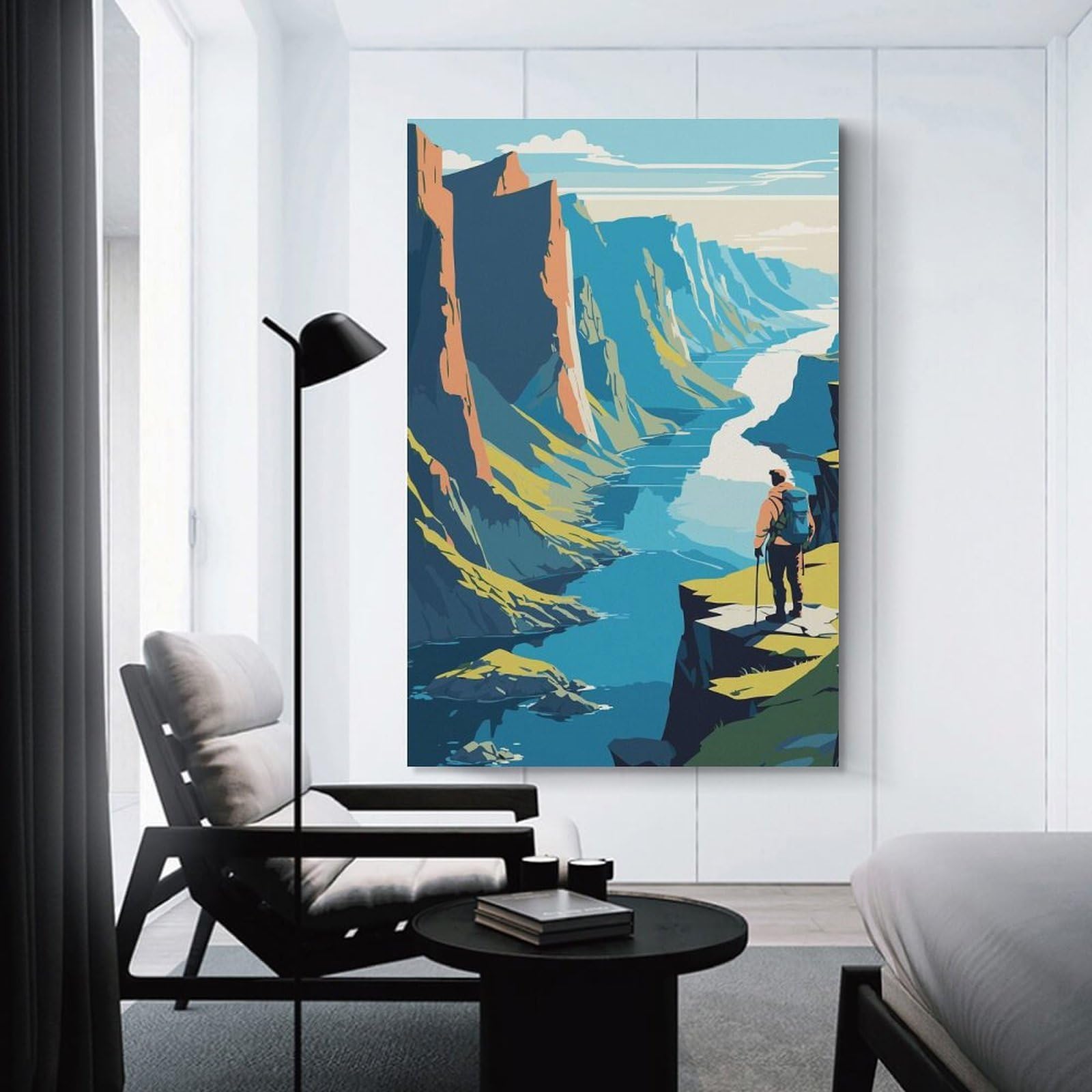 Junmoney Hiker Overlooking Canyon River Landscape Hanging Wall Art 24x36inch(60x90cm), for Small Homes, Bedrooms Or Open Spaces, Decorative Canvas Decor for Home Updates