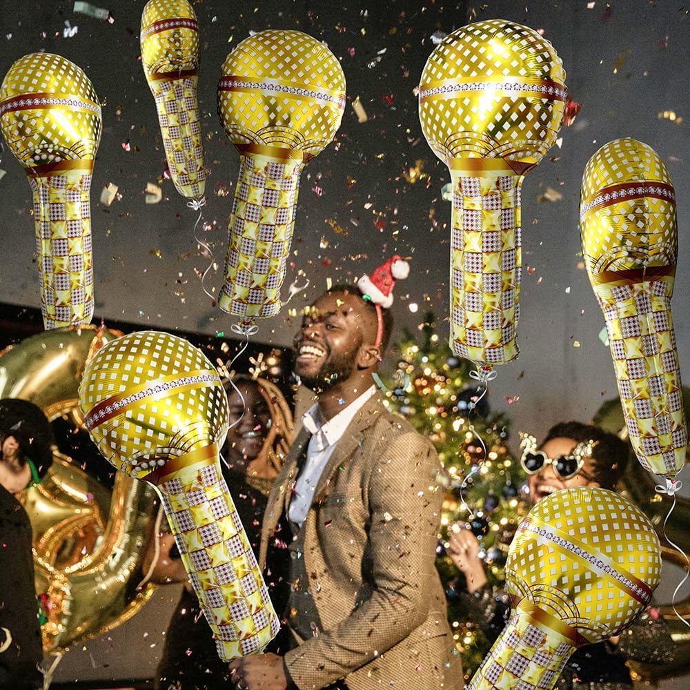 Hip Hop Theme Gold Microphone Aluminum Foil Balloons, 4 Pack Inflatable Rock Star Blow up Microphone Balloon For Birthday Wedding Cosplay 80s 90s Musical Concert Themed Party Decoration