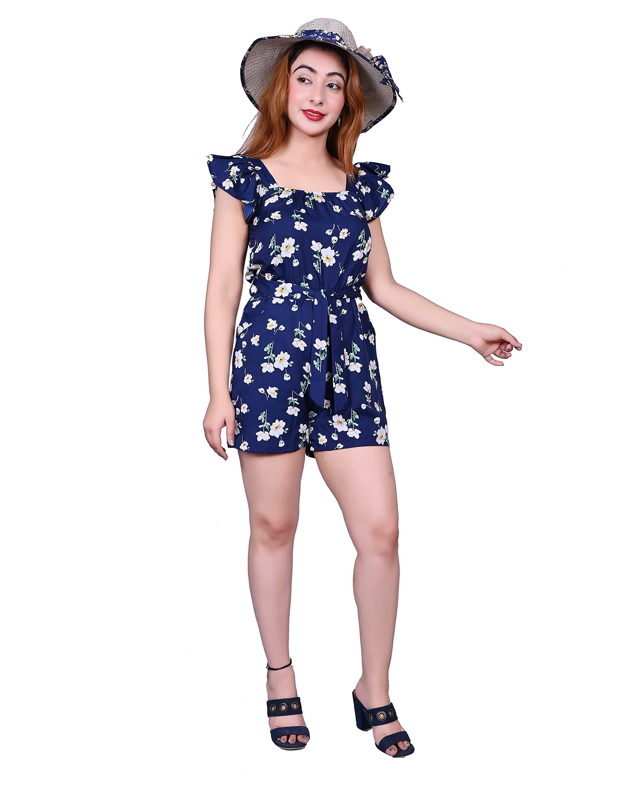 Young Women Crepe Blend Sleeveless Waist Tie-Up Printed Playsuit-image-7