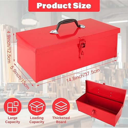 Miniatura 2 de JMIATRY Caja de herramientas roja Caja de herramientas de metal pequeña de 15 pulgadas Caja de herramientas pequeña portátil con cierre de pestillo