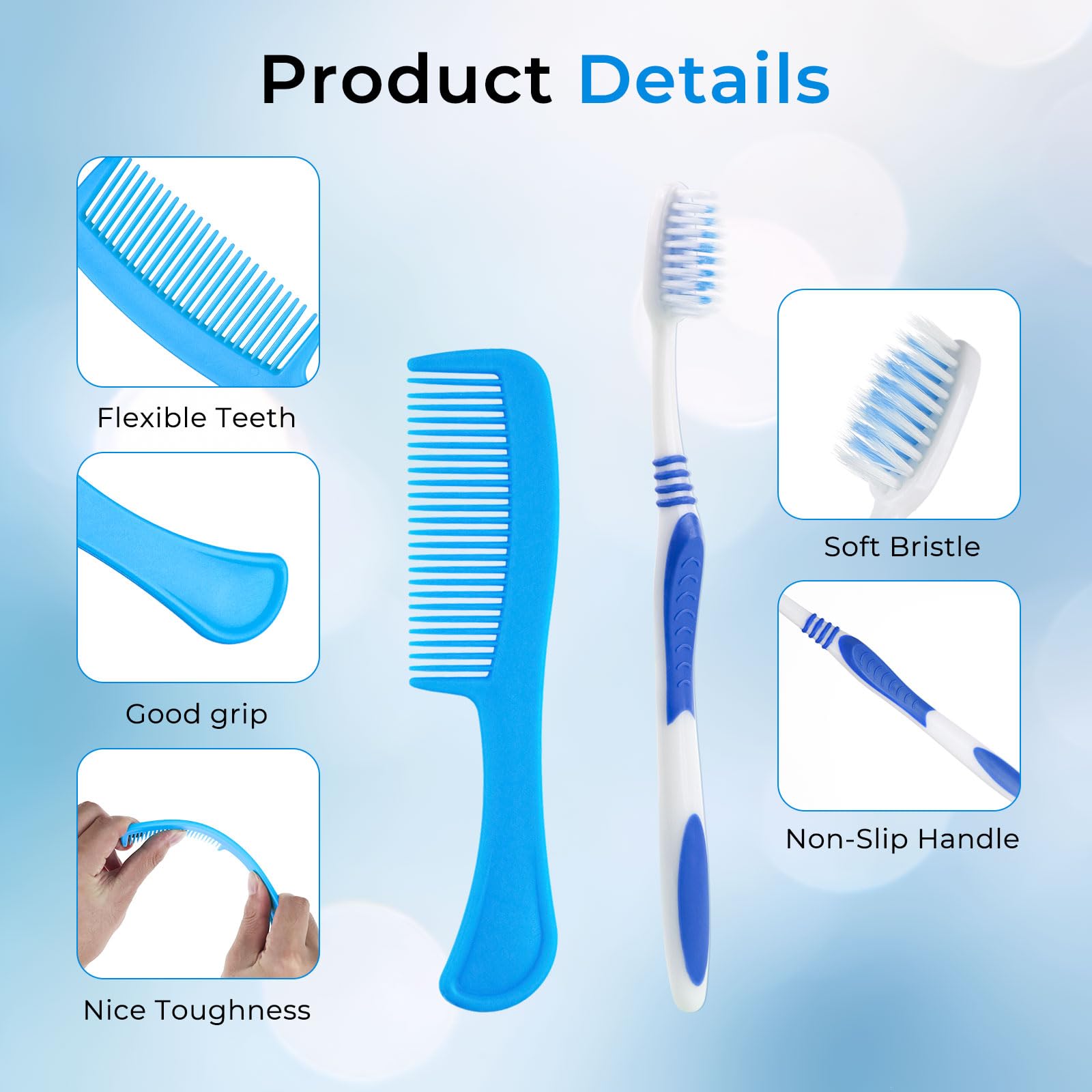 Spazzolini da denti usa e getta da viaggio, con stuzzicadenti e pettine, confezionati singolarmente, con setole morbide, kit igienici per hotel, beneficenza, riparo per senzatetto, in 5