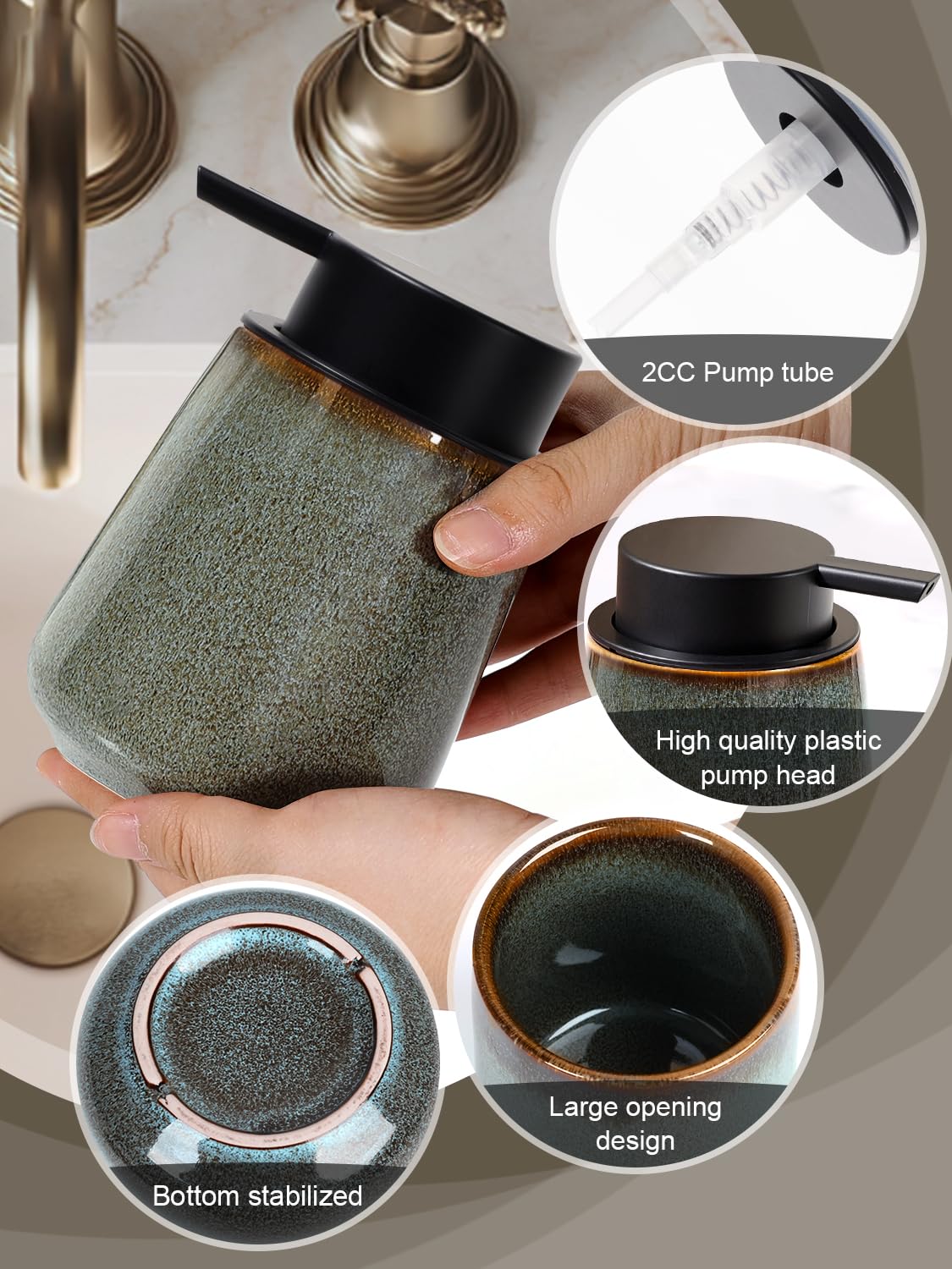 INGOFIN Dispenser per lozione in ceramica, 350 ml, ricaricabile, dispenser di sapone liquido da bagno, moderno dispenser di sapone liquido con pompa, dispenser di sapone per piatti per cucina