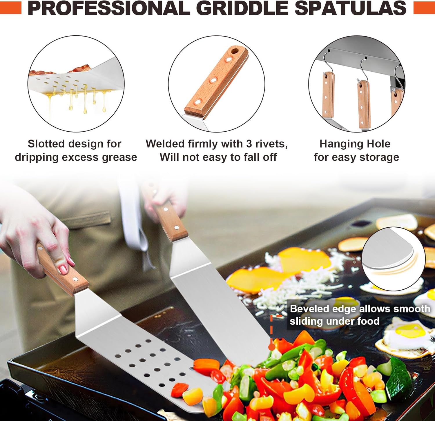 8Pcs Griddle Accessories Kit for Blackstone, Joyfair Flattop Grilling Accessory Tool Set with Stainless Steel burger Spatula Turner, Metal Flipper, For Outdoor BBQ Teppanyaki Hibachi, (Wooden Handles)