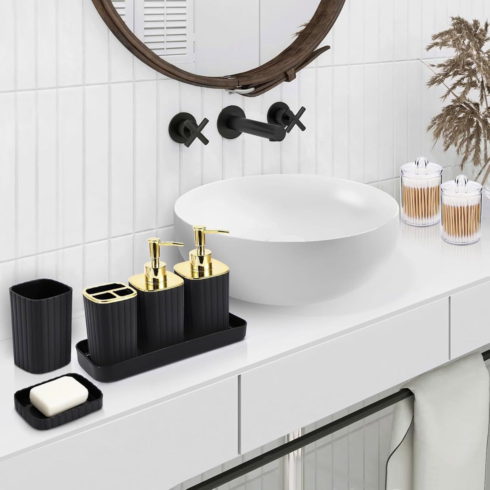 Juego de Almacenamiento Moderno para baño, 6 uds, Incluye Soporte para Cepillo de Dientes, dispensador de líquido hidráulico, Bote de Basura, Juego de Vasos y Soporte para Cepillo de Dientes