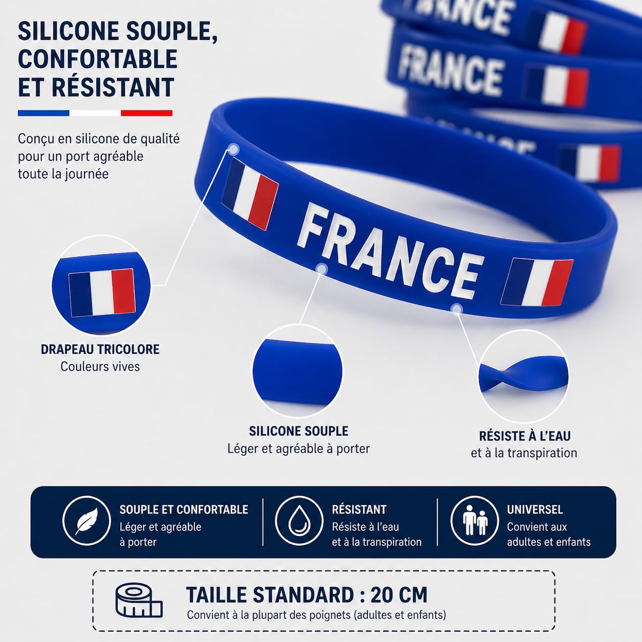 Kit Bracelets France Lot de 5 – Bracelet Silicone Bleu Drapeau Français + Tatouages – Supporter Coupe du Monde, Football, 14 Juillet, Bleu Blanc Rouge