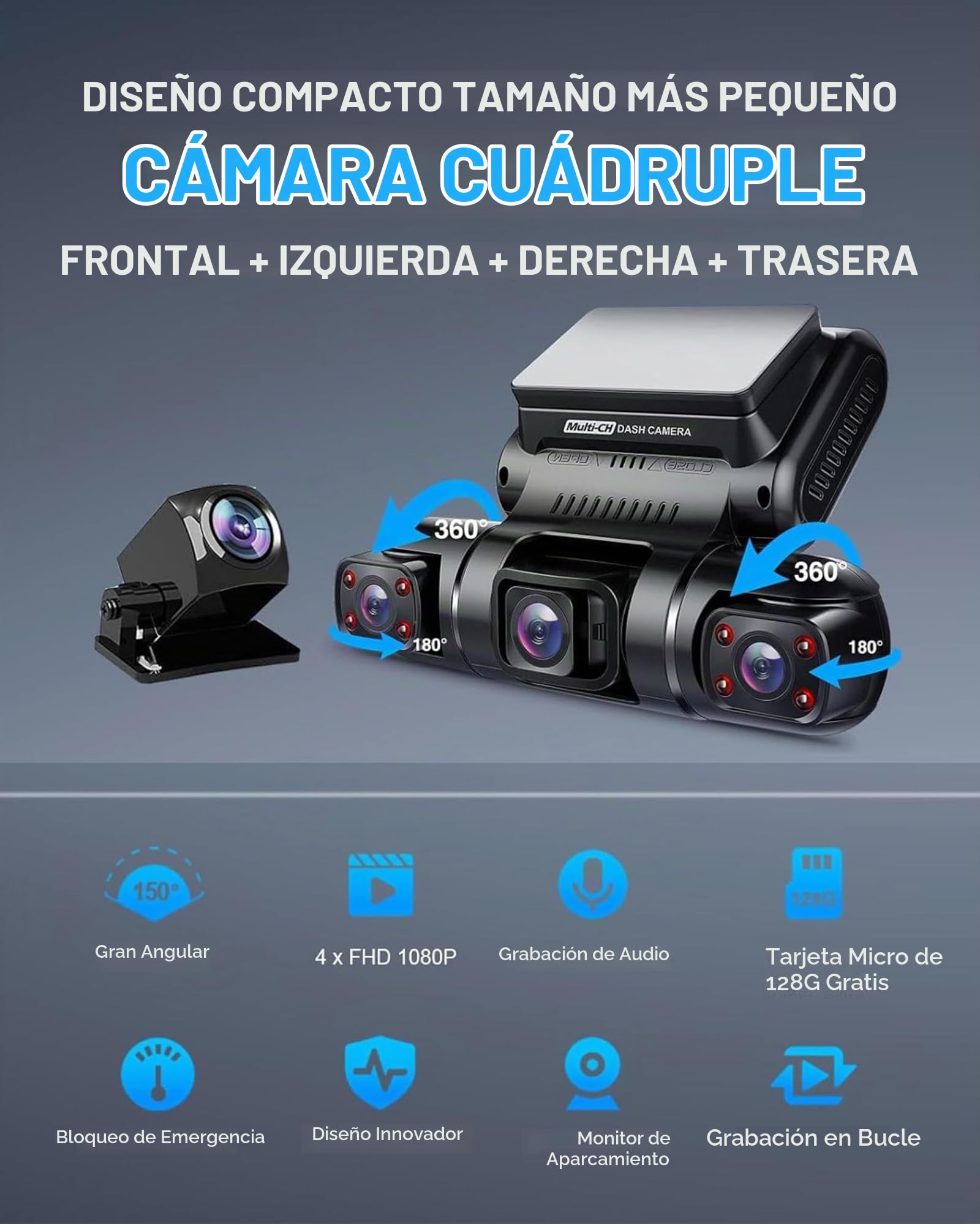 4 Lentes Dashcam 4x1080P Frontal,Lzquierda,Derecha y Trasera Cámara de Coche con GPS WiFi Monitor de Aparcamiento,Lnfrarrojos Visión Nocturna 150° Dash CAM,Pantalla de 3 Pulgadas Gratis 128GB