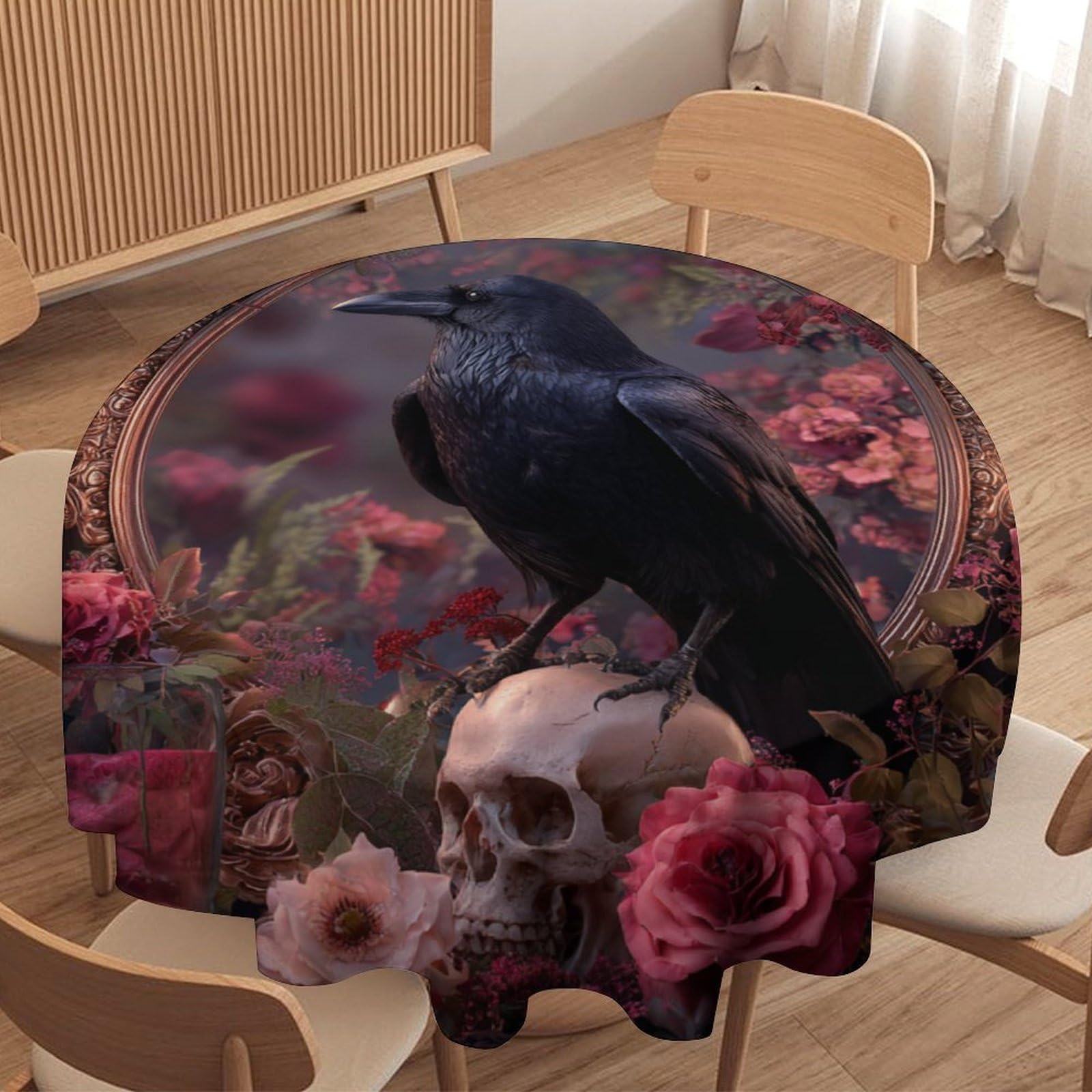 LUYYSKY Rustic Vintage Animal Raven Round Tablecloth Classic Watercolor Gothic Halloween Roses Flowers Crow Skull Skeleton Washable Decor for Table Cover for Kitchen-91.4" Wx91.4 L cm