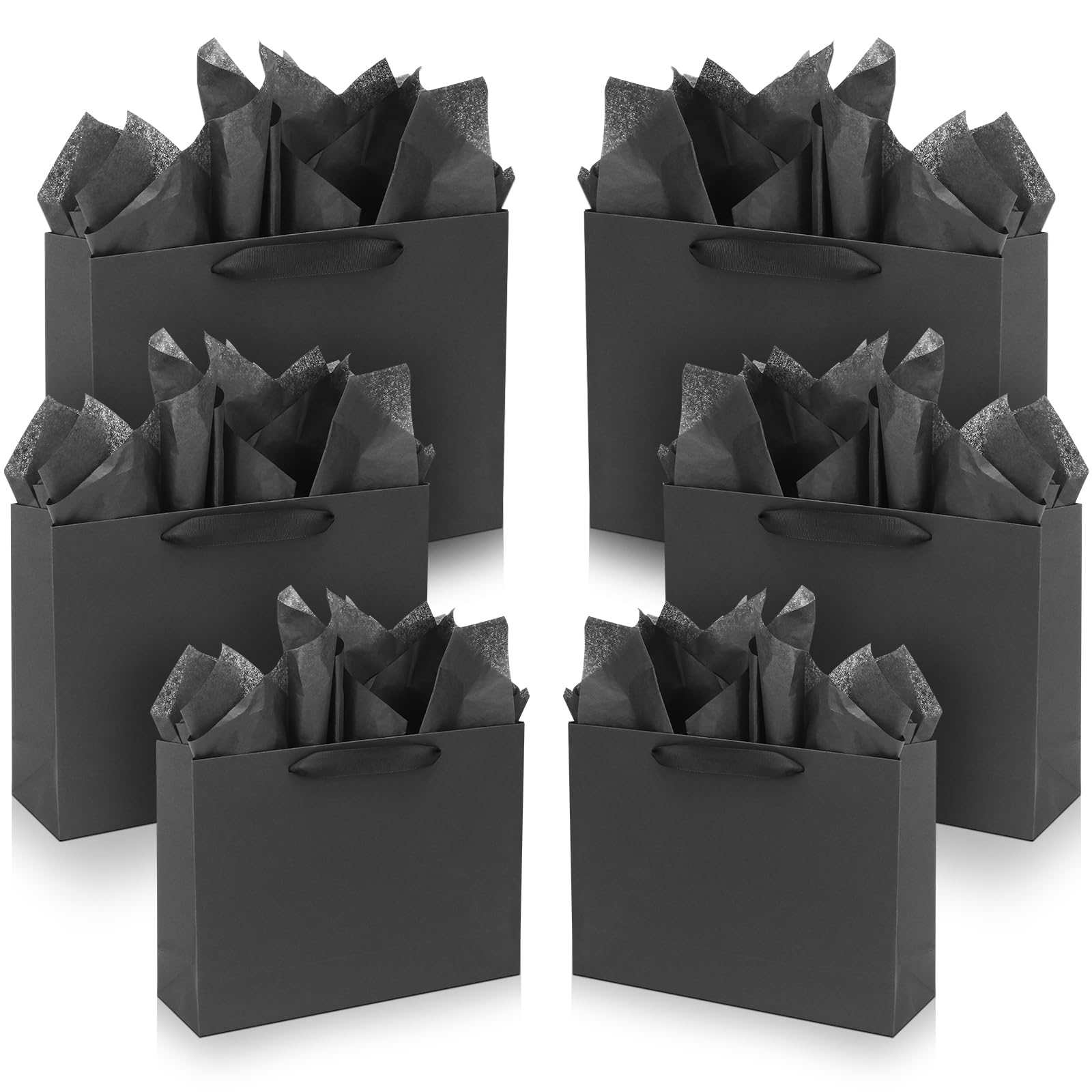 FISHLONO Black Gift Bags Bundle: 4 Small (8.7''), 4 Medium (10.6''), 4 Large (12.6'') Kraft Paper Bags with Tissue Paper for Wedding, Graduations,