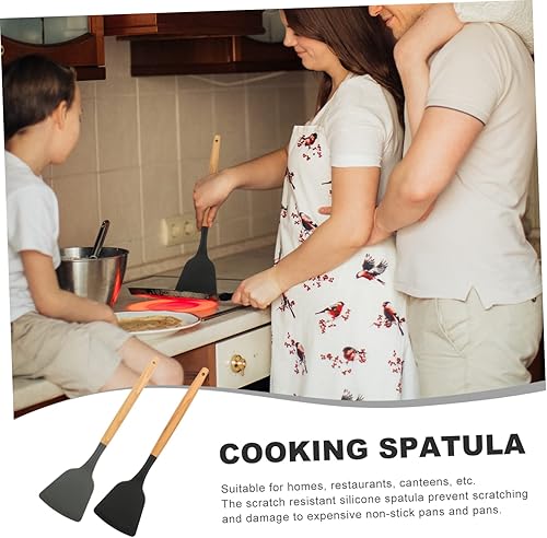 Miniatura 4 de Espátula de silicona con mango de madera, espátula para wok, espátula para hornear, utensilios de cocina de silicona negra, espátulas para plancha,