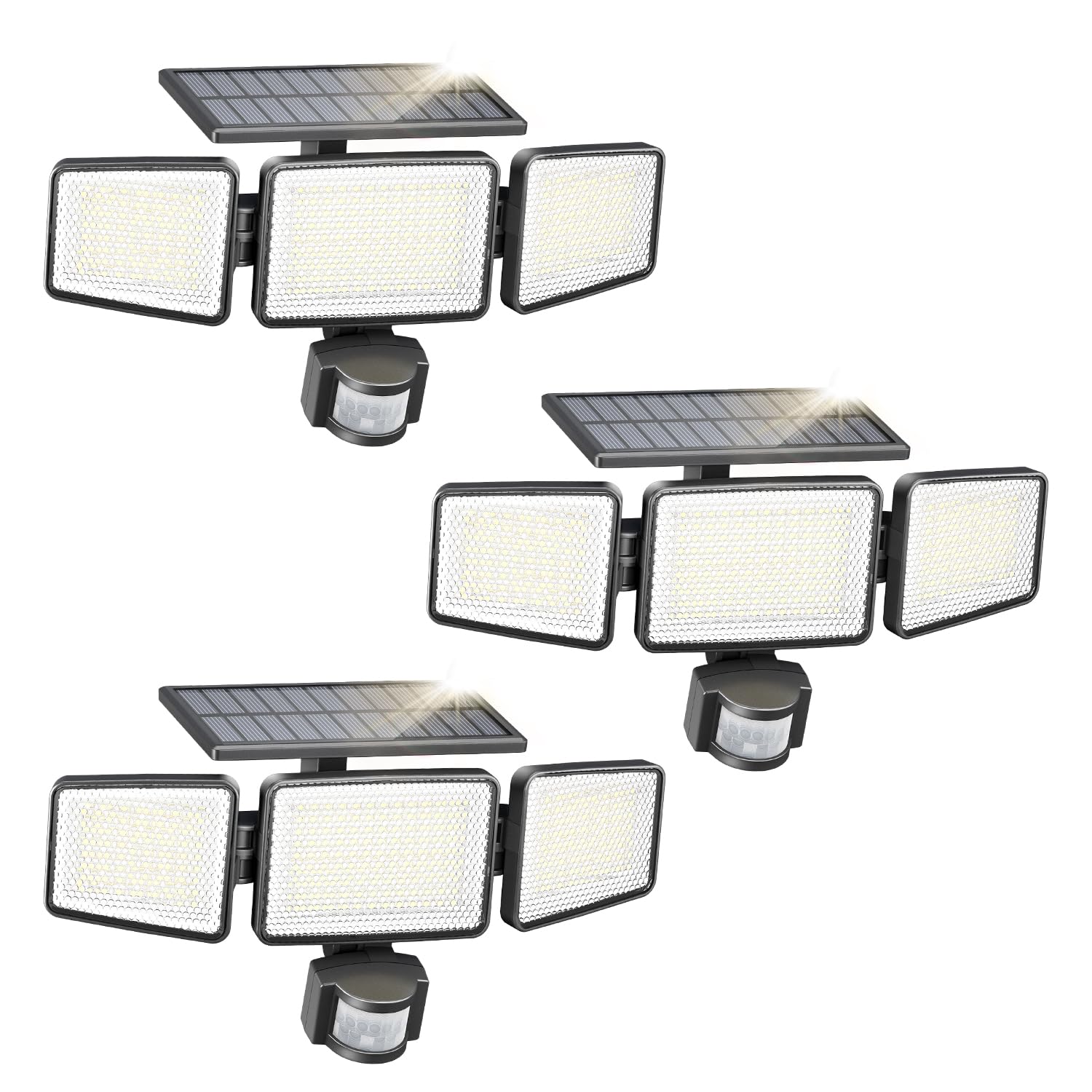 Philips 3 Packs Solar Security Light Outdoor 302 LED 1200lm，Solar-Powered Waterproof Wall-Mounted Flood Light w/PIR Motion Sensor, 3 Heads, IP65 Waterproof, 3 Modes