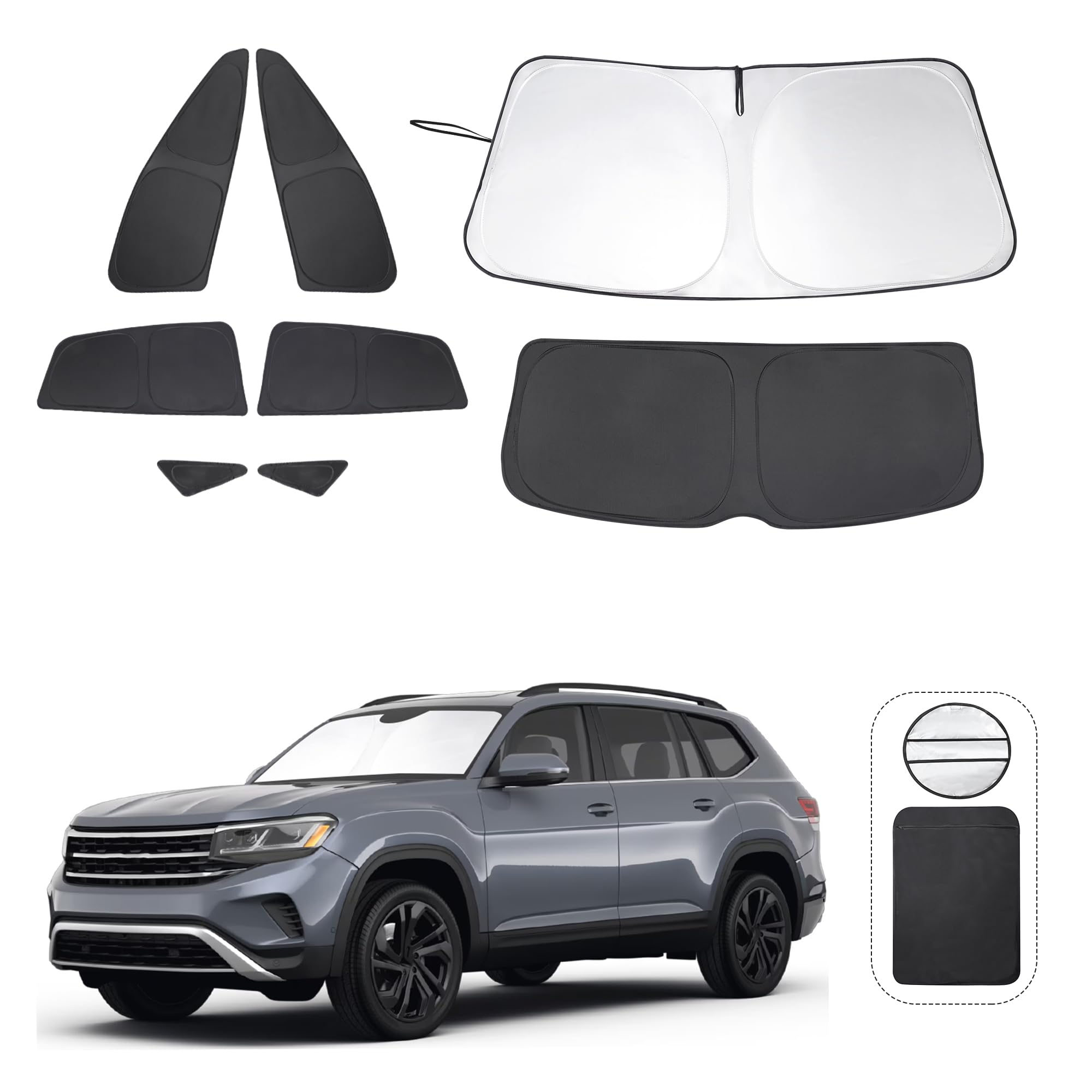 8PCS Windshield Sun Shade Custom Fit for 2021-2024 Volkswagen VW ID.4 Accessories Foldable Sunshade Side Rear Window Shade Cover Full Set Privacy Protection Keeps Car Cool