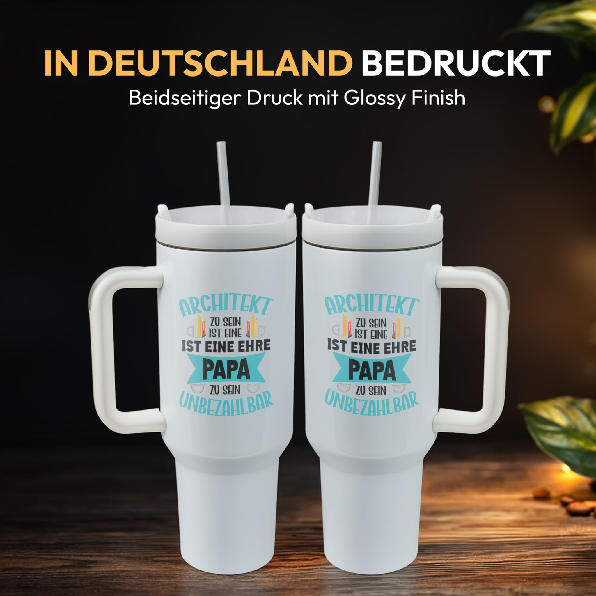 XXL Thermobecher für Papa & Architekten – Geschenk zum Vatertag & Geburtstag – Edelstahl Trinkflasche, Weiß mit Architekt Papa Spruch (WIEDERVERWENDBAR)