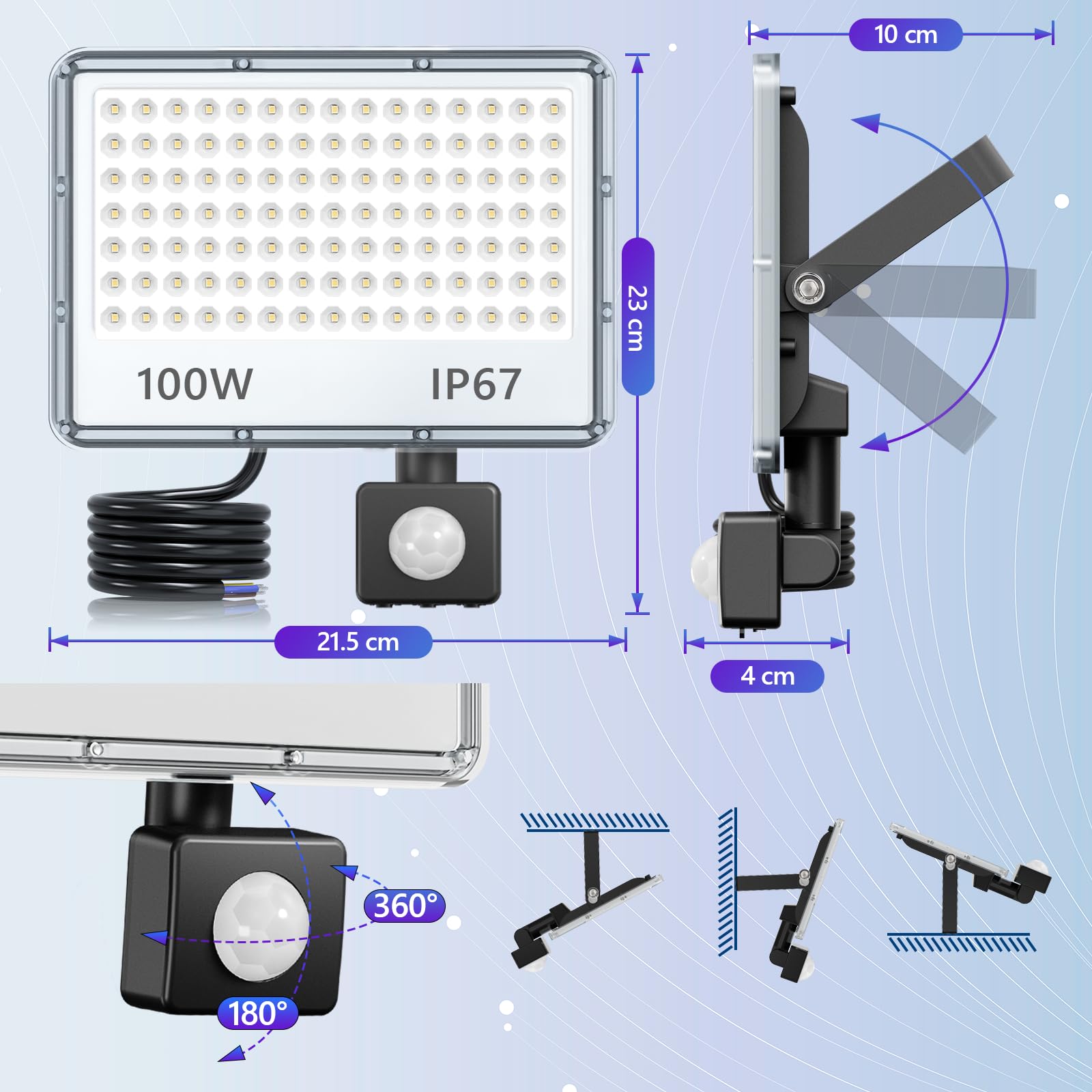 YIQIBRO 100W LED Strahler mit Bewegungsmelder Außen für Garten - 2 Stück | 10000LM LED Scheinwerfer mit Bewegungsmelder, 6500K Kaltweiß Außenstrahler, IP67 Wasserdichte Fluter für Lager Garage Keller