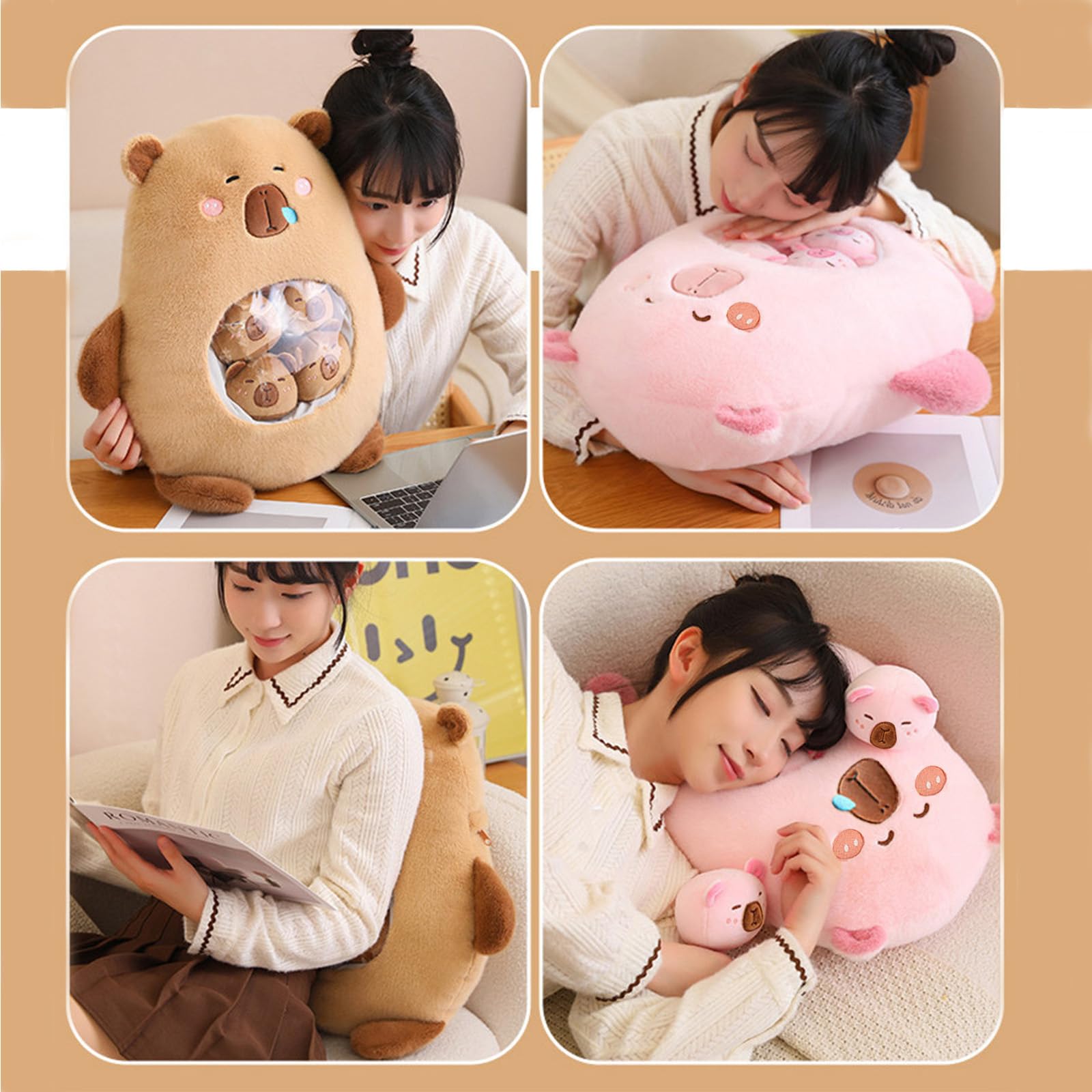 Capybara Plüsch mit 6 Niedlichen Babies, Stofftiere, Tasche mit Tier Snack Kissen, Super Soft Puppe Kissen für Baby Jungen Mädchen Spielzeug (Braun)