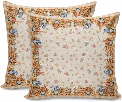 Fall Throw Pillow Covers 20x20 Inch Set of 2 Pumpkin Gnomes Decorative Pillows Cushion Case Thanksgiving Pillowcases Autumn Maple Leaf Orange Plaid Linen Throw Pillows for Couch Sofa Bed Chair Decor
