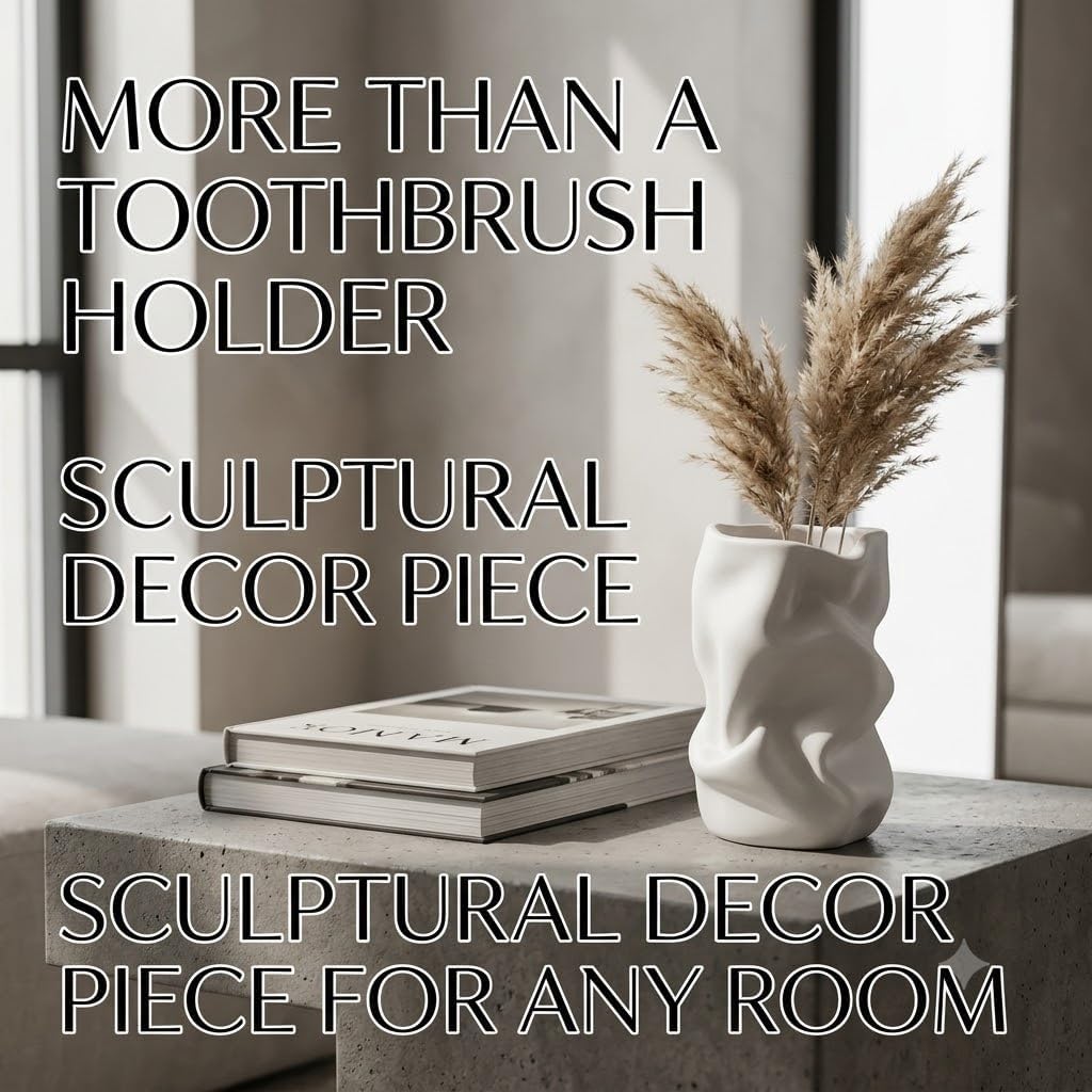 4.3 Inch 3D Printed Makeup Brush Holder - Asymmetric Toothbrush Holder for Bathroom, Cute Paint Brush Organizer - White