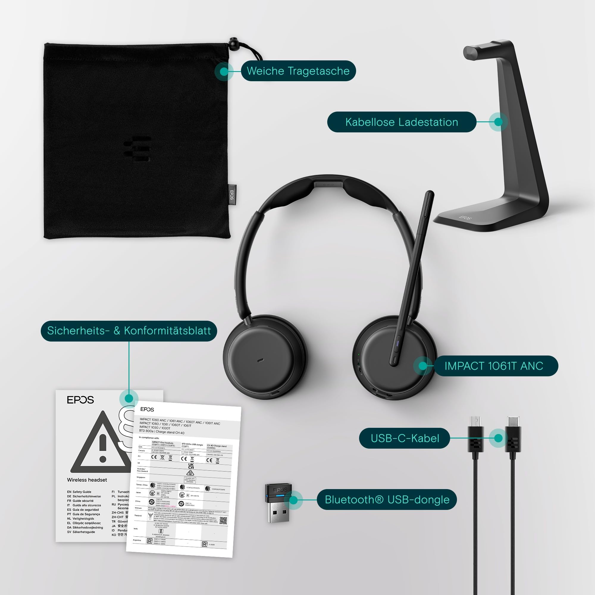 EPOS Impact 1061T ANC Professionelles Bluetooth Headset - Beidseitig, Adaptive ANC, EPOS AI Spracherkennung, BrainAdapt Technologie