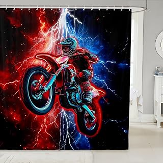 Feelyou Red Racing Motocross Rider Shower Curtain for Bathroom Decor,72"x72",Dirt Bike Bath Curtain,Red and Blue LightningUltra Soft Bathroom Accessories,Extreme Sports Waterproof Polyester Fabric