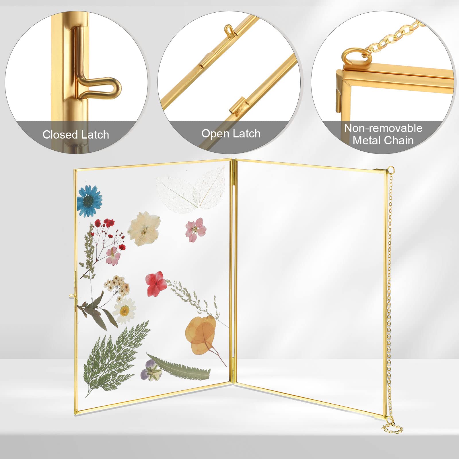 3 Pcs Double Glass Frame for Pressed Flower 8 x 10 Inch Brass Hanging Photo Picture Frame Gold Floating Artwork Display Frame with Chain Wall Decor for Gallery Pictures DIY Artwork Decor