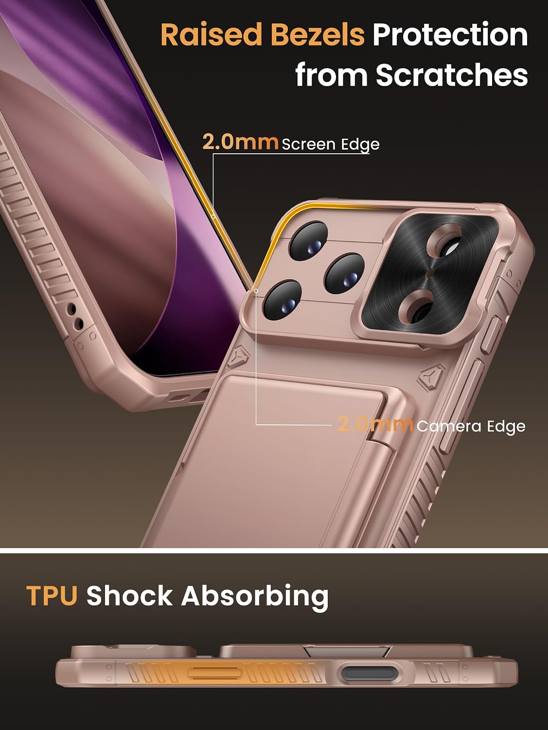 Vihibii for iPhone 17 Pro Max Case Wallet, Card Holder (4 Cards), Rose Gold | RFID Blocking, Slide Camera Lens Cover, Military-Grade Drop Protection, Rugged Hard Phone Case, Shopping & Traveling Light