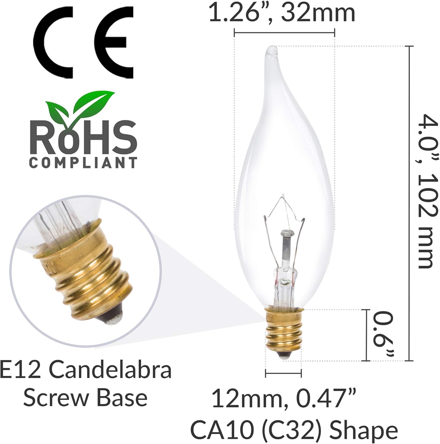 Simba Lighting Candelabra Flame Tip Clear CA10 40W E12 Base (12 Pack) Decorative Incandescent Light Bulbs 120V for Chandeliers, Ceiling Fan Lights, Pendants, Wall Sconces, Dimmable, Warm White 2700K