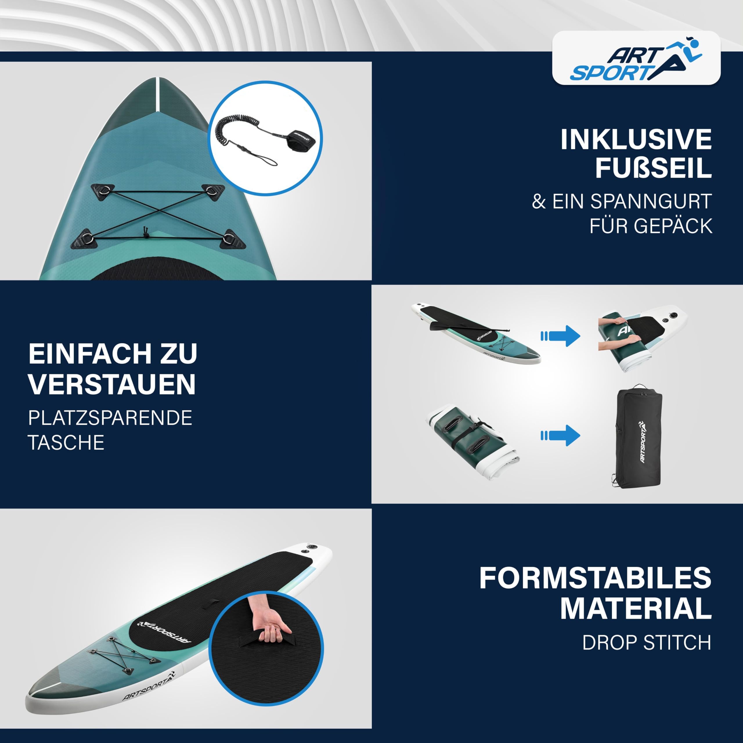 ArtSport SUP gonfiabile 320 cm – Tavola Stand Up Paddle | 150 kg | Set completo con pagaia, pompa, leash, zaino